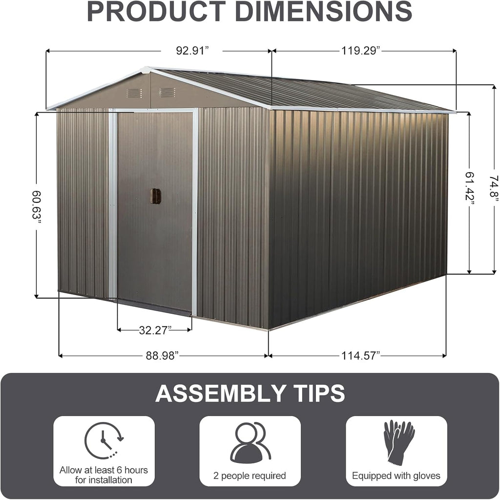 8x10 ft Outdoor Metal Storage Shed with Floor Frame, Lockable Galvanized Steel Tool Shed with Sliding Door and Air Vent, Waterproof Garden Storage House for Backyard, Patio