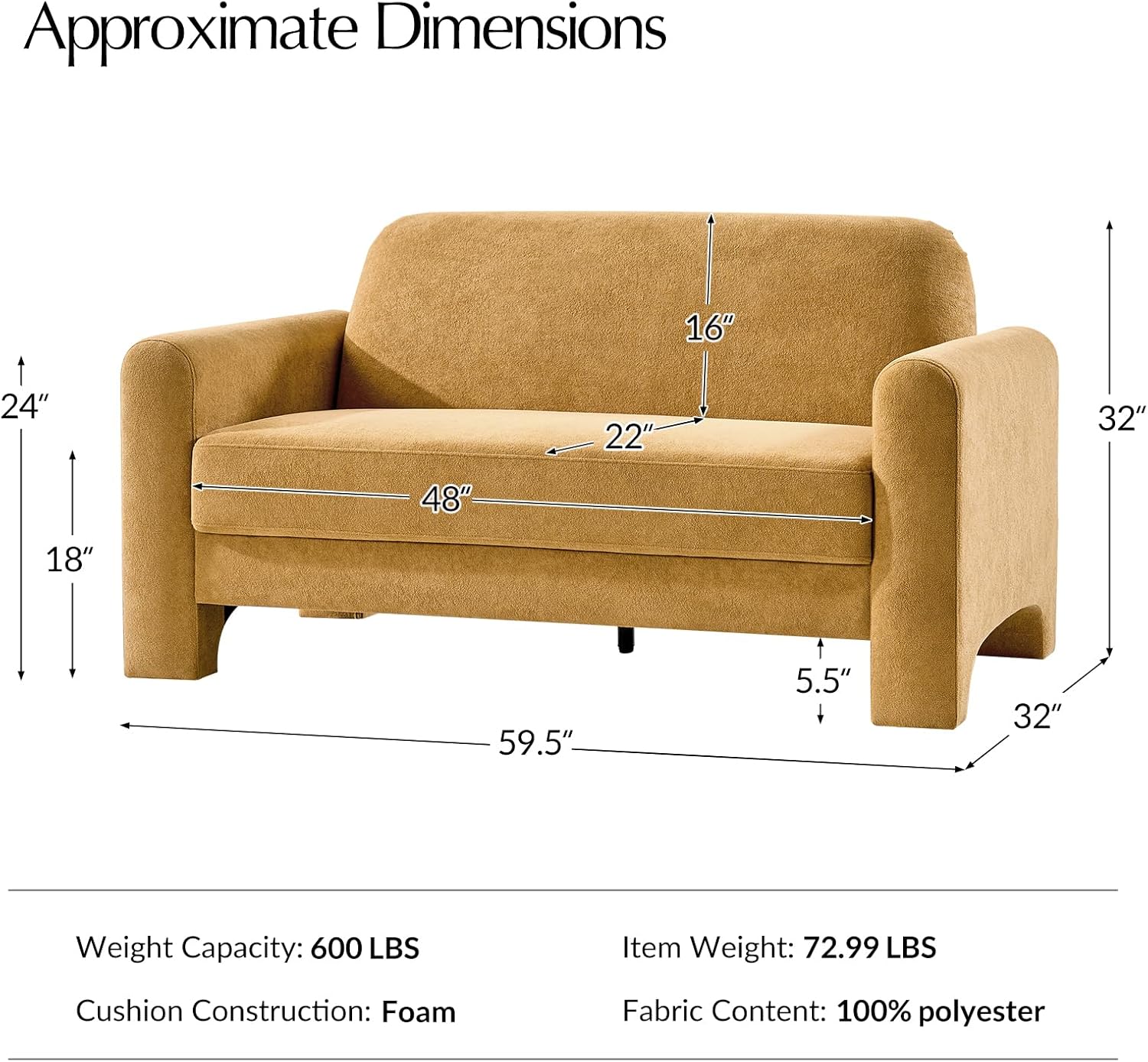 HULALA HOME 60' Modern Curved Loveseat Sofa, Comfy Chenille Couch Small Love Seat with Wrapped Armrests, 2 Seater Sofa for Living Room, Easy Assembly, Camel