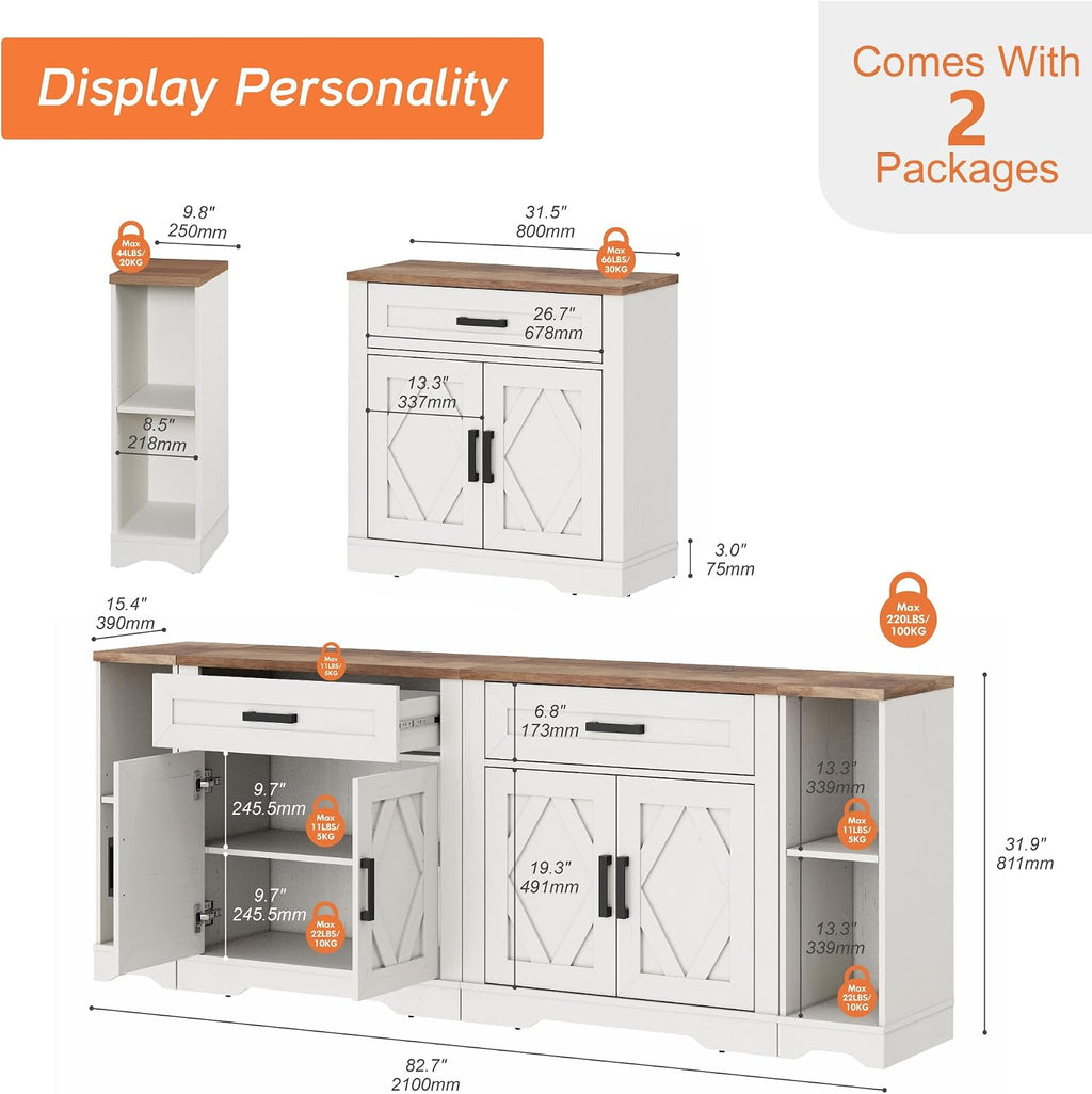 WAMPAT 82.7' W TV Stand for up to 95' TVs,Farmhouse Entertainment Center with Storage Barn Door Cabinet,TV Console Table with Media Cabinet and Drawers for Living Room,Bedroom,Cream White