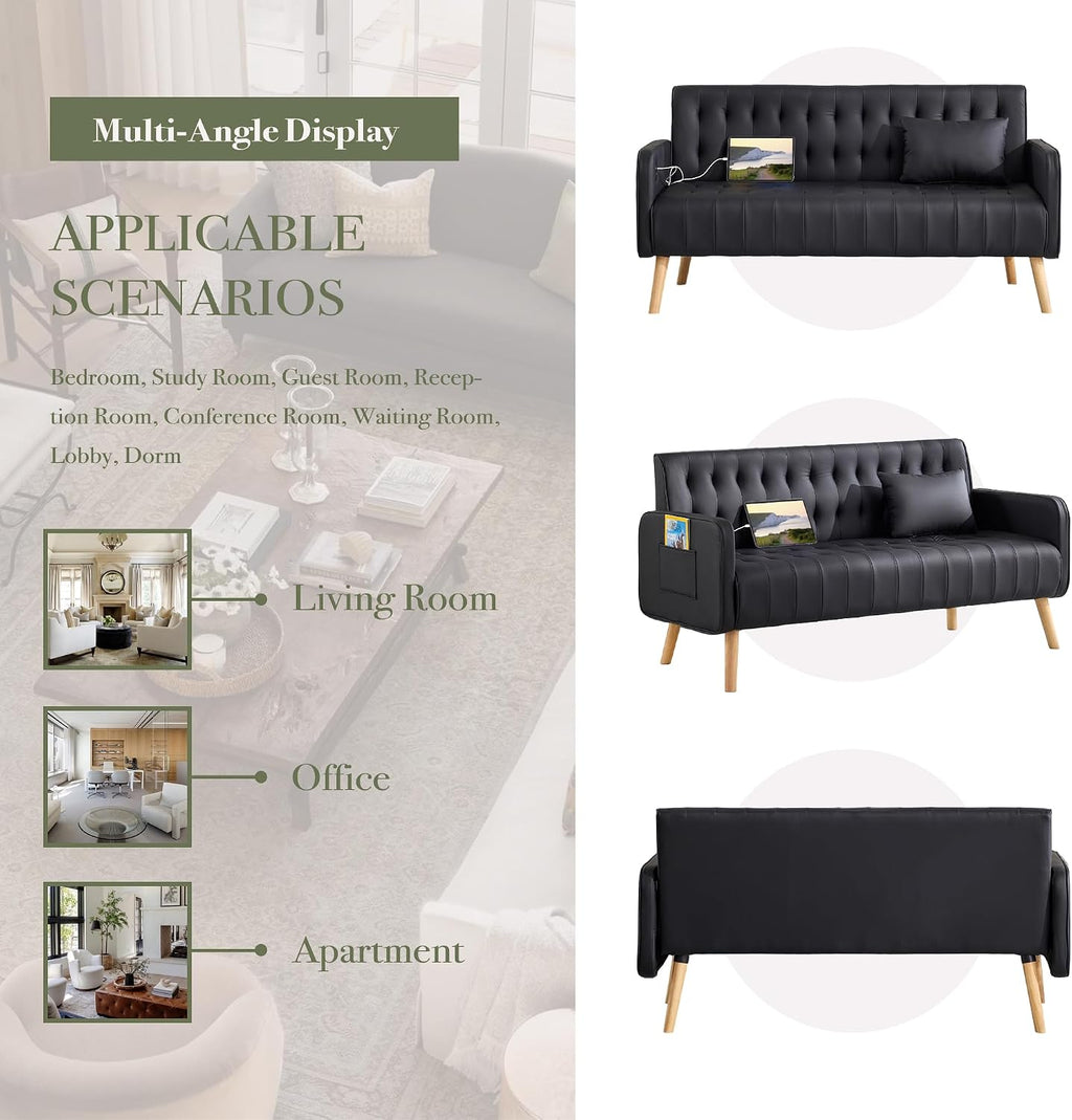 57' W Loveseat Sofa, Small Black Faux Leather Couch w/USB Charging Ports & Pockets, Mid Century Modern Tufted Love Seat Couches, Mini Office Sofa Couch for Small Spaces, Bedroom, Apartment