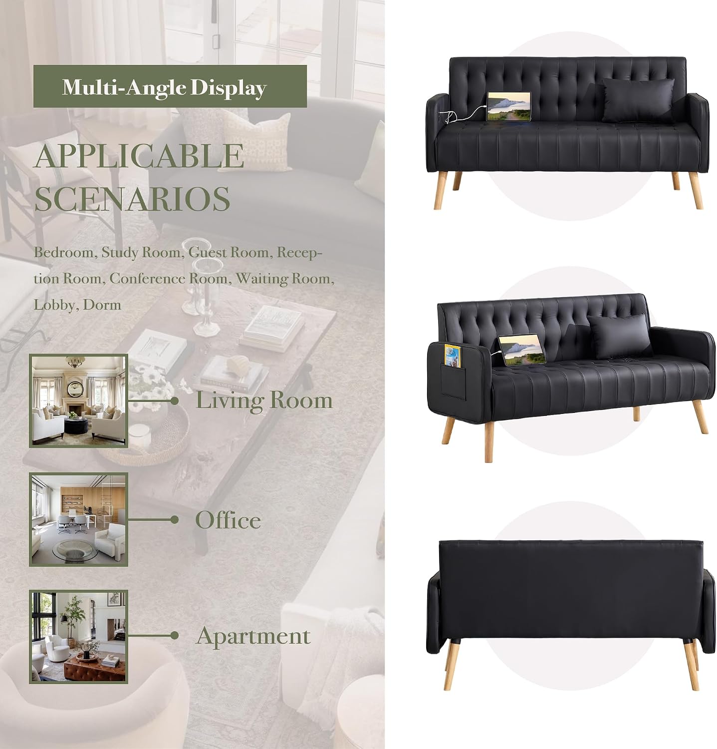 57' W Loveseat Sofa, Small Black Faux Leather Couch w/USB Charging Ports & Pockets, Mid Century Modern Tufted Love Seat Couches, Mini Office Sofa Couch for Small Spaces, Bedroom, Apartment