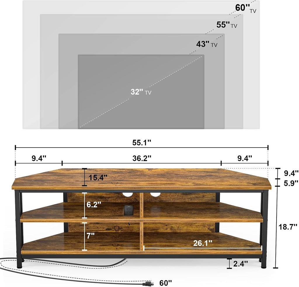 Unikito 55'' Corner TV Stand with Power Outlet, Corner Entertainment Center TV Console Table with 4 Open Storage Shelves, Metal Frame for Living Room, Bedroom, Industrial 60'' Corner TV Stand, Rustic