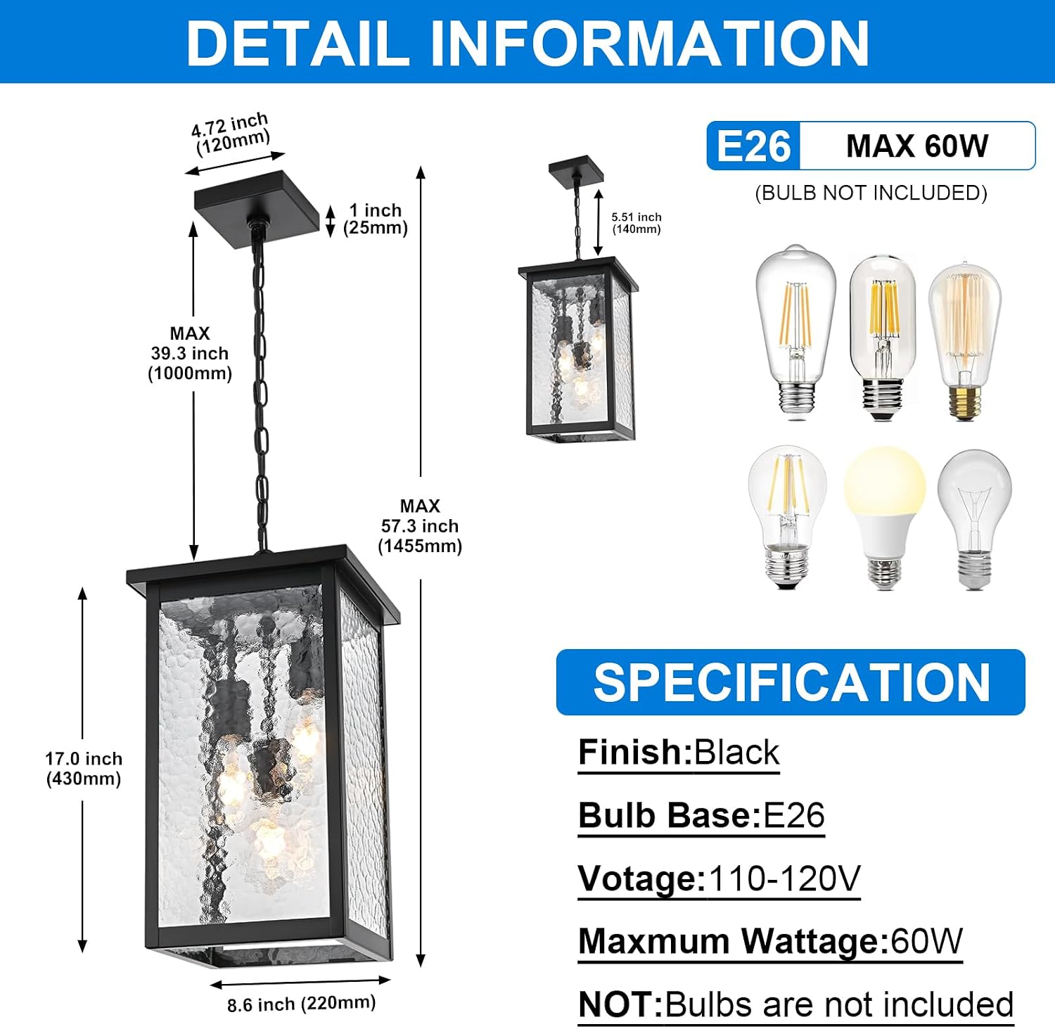 17'' Large Outdoor Pendant Lights for Porch, 3-Lights Matte Black Exterior Hanging Lantern with Hammer Glass, Outdoor Chandelier Ceiling Light Fixture for Patio, Gazebo, Entryway