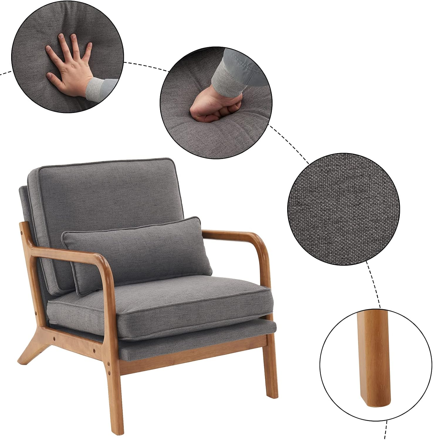 Karl home Accent Chair Mid-Century Modern Chair with Pillow Linen Fabric Upholstered Lounge Arm Chair with Solid Wood Frame & Soft Cushion for Living Room, Bedroom, Balcony, Gray