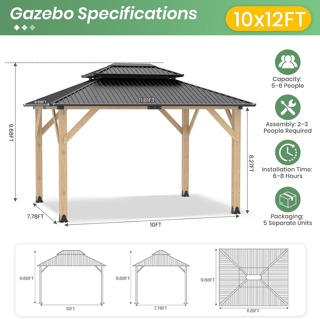 LVUYOYO 10' x 12' Wood Gazebo, Outdoor Hardtop Gazebo, Double Galvanized Steel Roof Gazebos Pergola, Wooden Pavilion for Patio, Backyard, Deck, Garden