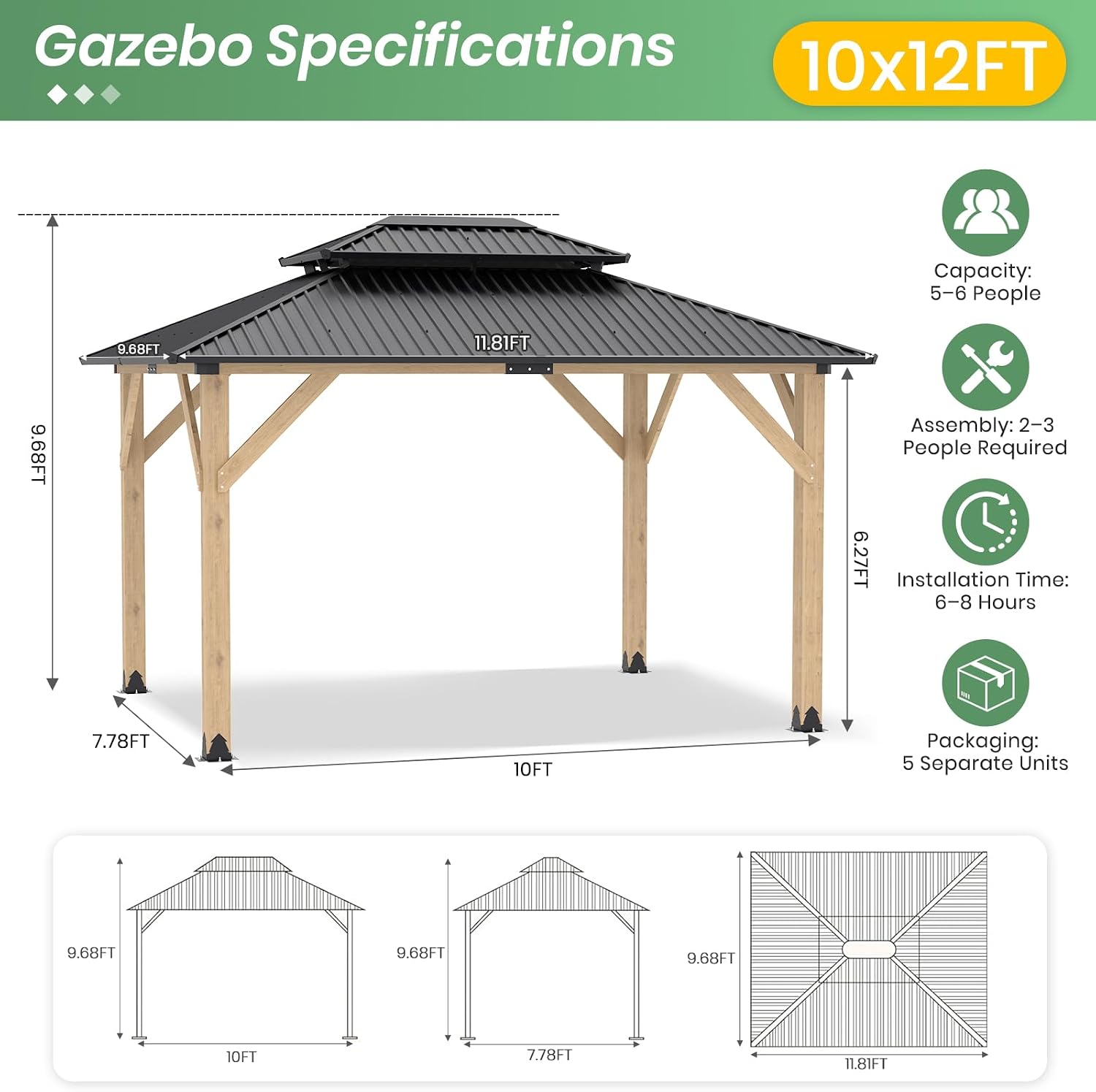 LVUYOYO 10' x 12' Wood Gazebo, Outdoor Hardtop Gazebo, Double Galvanized Steel Roof Gazebos Pergola, Wooden Pavilion for Patio, Backyard, Deck, Garden