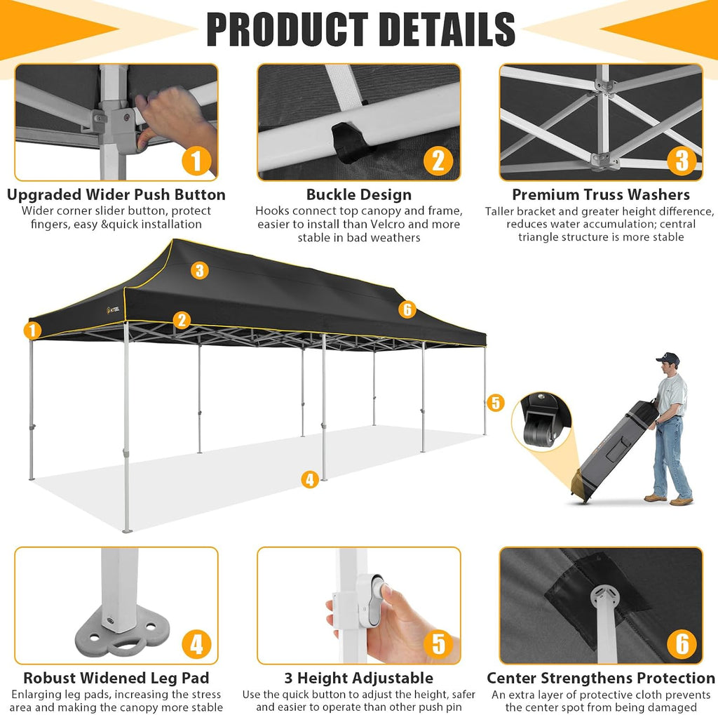 HOTEEL 10x30 Heavy Duty Pop Up Canopy Tent for Parties Event Wedding Commercial Instant Canopy with Wheeled Bag, Party Tent Waterproof UV 50+&Windproof, Upgraded Thick Hexagonal Legs, Black