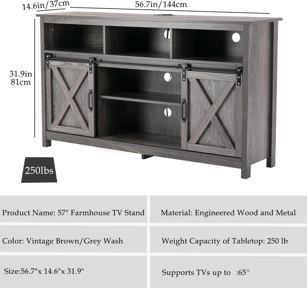 Vinctik 6&Fox 57In Wooden Farmhouse Entertainment Center for 60/65 inch TV,Double Layer Storage Farmhouse TV Stand,Double-Row Sockets with Wood Sliding Barn Door TV Stand(Double Layer Grey Wash)