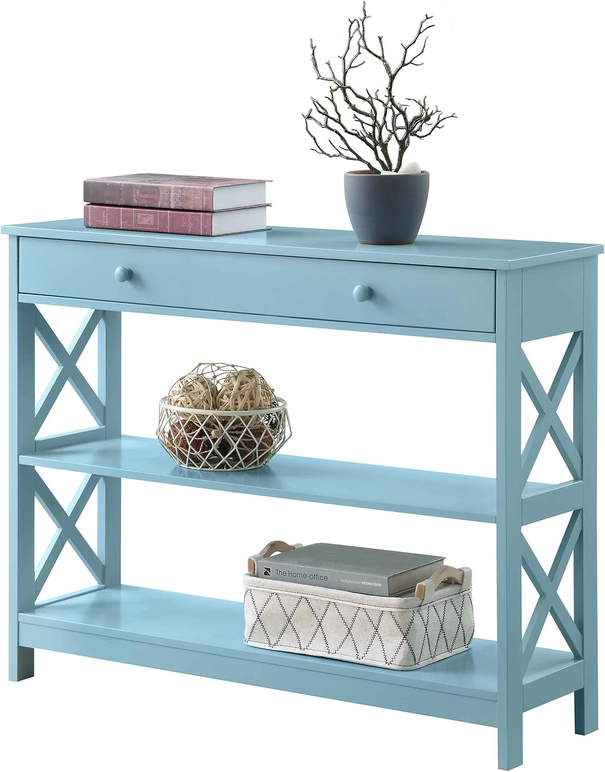 Convenience Concepts Oxford 1-Drawer Console Table 39.5' - Farmhouse Sofa Display with Storage Shelf For Living, Family, & Dining Room, Modern Entryway Hall Table for Kitchen, Bedroom, Sea Foam Blue