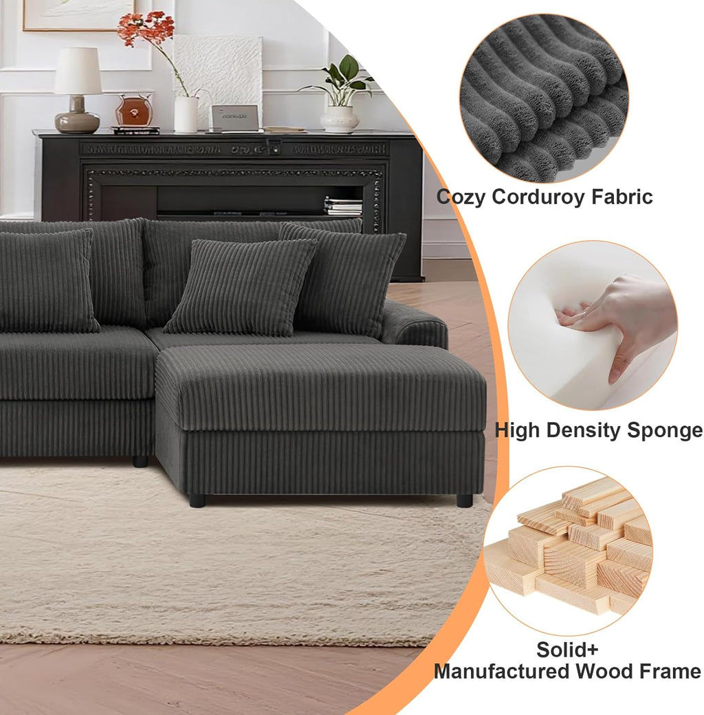 MAKIAAP 144' Corduroy Sectional Couch with Speakers, Comfy U Shaped Modular Couches Deep Seat Sofa with Console, USB Charger, Cup Holders, Storage, Ottoman for Living Room (Gray, 144in)