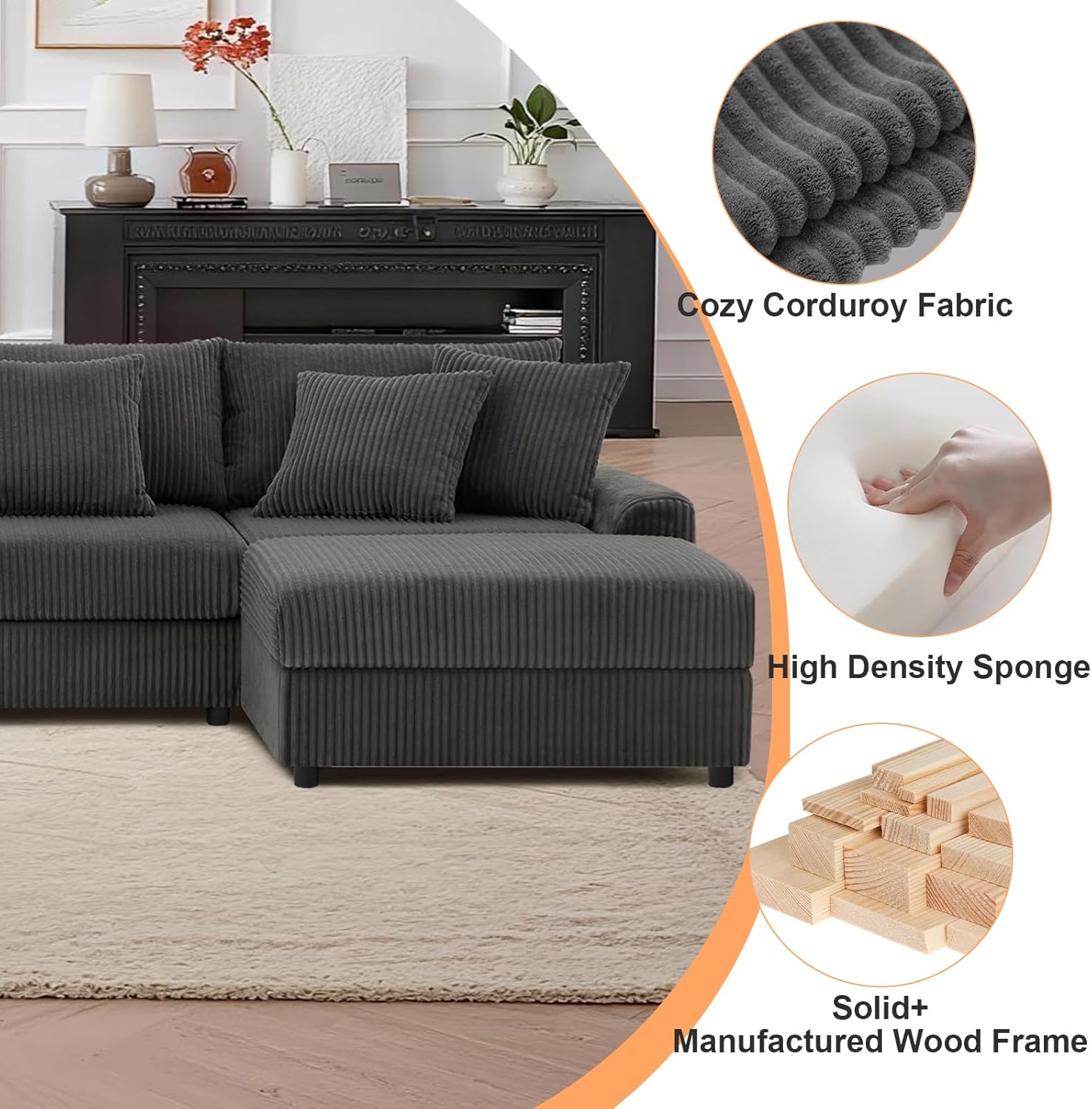 MAKIAAP 144' Corduroy Sectional Couch with Speakers, Comfy U Shaped Modular Couches Deep Seat Sofa with Console, USB Charger, Cup Holders, Storage, Ottoman for Living Room (Gray, 144in)