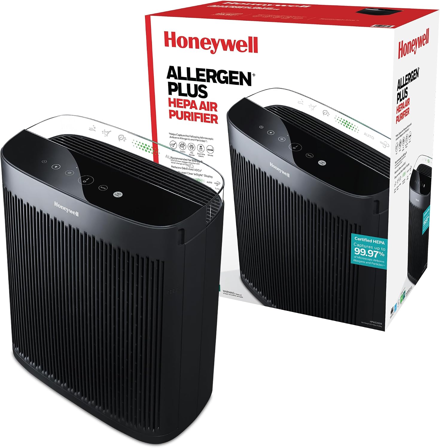 Honeywell HEPA Air Purifier for Home, 2423 Ft² Rooms in 1 Hour, Air Quality Monitor, Auto Mode, Reduces Allergens, Dust, Pollen, Pet Dander, Odors, Smoke, Black, HPA5300B