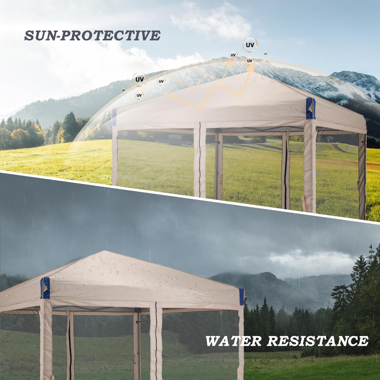Aoodor 10x10 Ft Pop Up Canopy Tent with Netting, Water-Resistant 210D Oxford Fabric Shade, Easy Assembly Commercial Gazebo with Wheeled Carry Bag & 4 Sand Bags for Camping, Party, Khaki