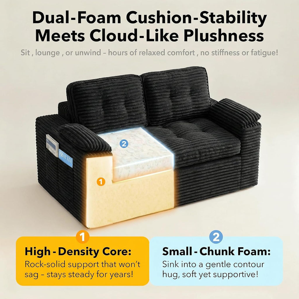 Boneless Loveseat Sofa, 60in Cloud Couch Sofa for Living Room 2 Seater Modern Lounge Sleeper Couch with Removable Cover Corduroy with Armrest, Seat Cushion & Pillows for Small Spaces, Black