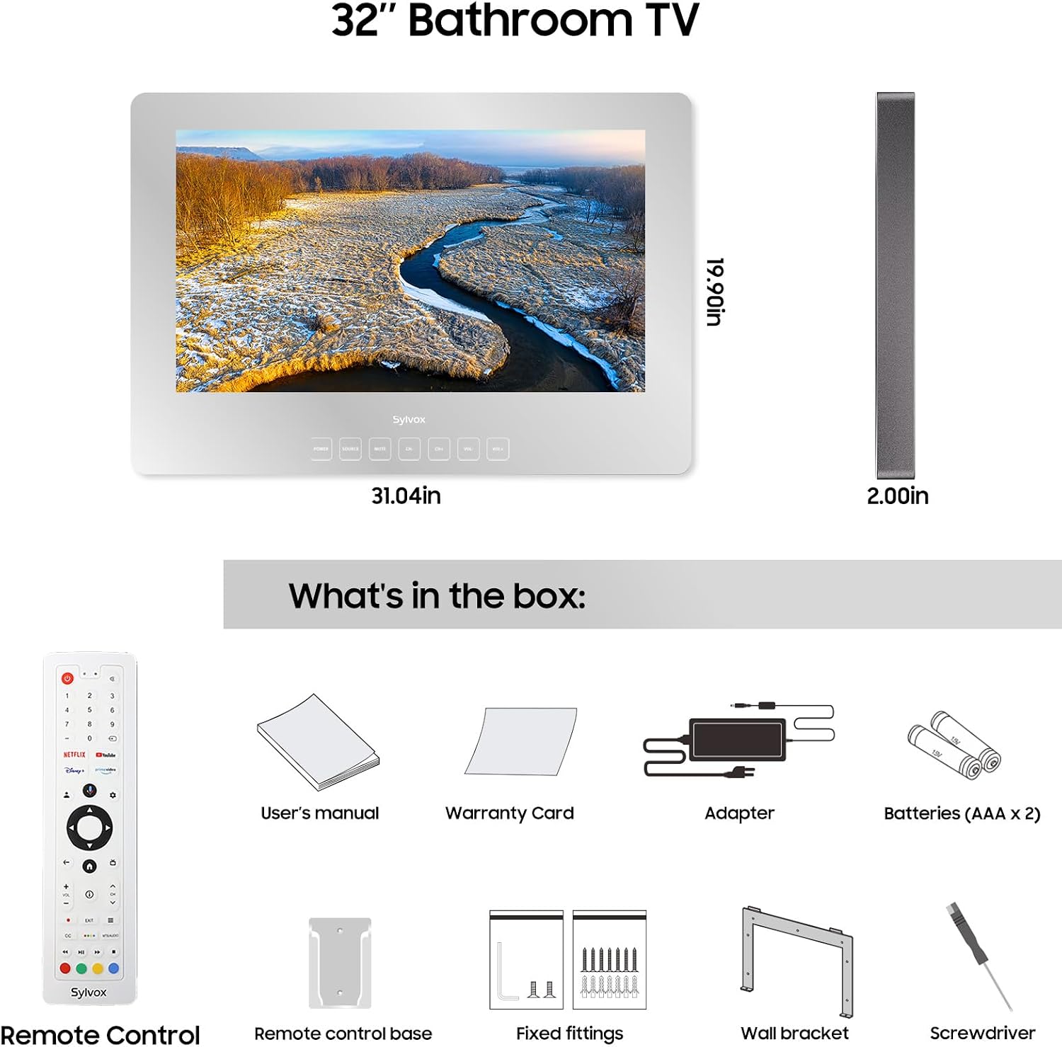 SYLVOX 32 inch Bathroom TV, 1080P Mirror Television with Google OS NTSC & ATSC Tuner WiFi Bluetooth Voice Remote, IP66 Waterproof Magic TV for Bathroom Bathtub Hotel Shower Spa (Wall Mount)