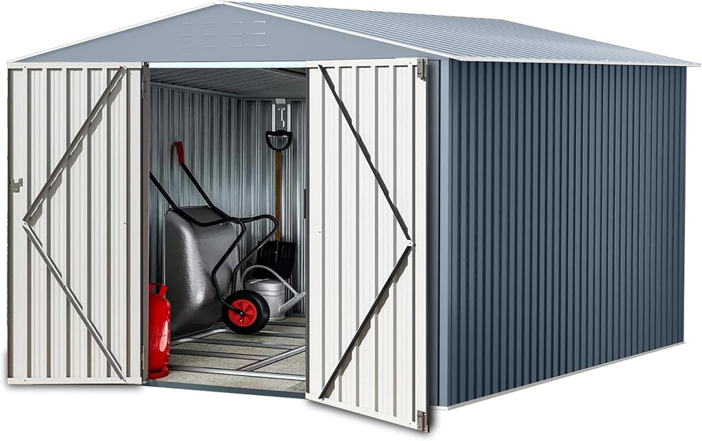Outdoor Storage Shed 10 X 10 FT, Large Metal Storage Sheds, with Reinforced Sloping Roo, Door Lock, Waterproof, for Backyard, Garden Patio Lawn