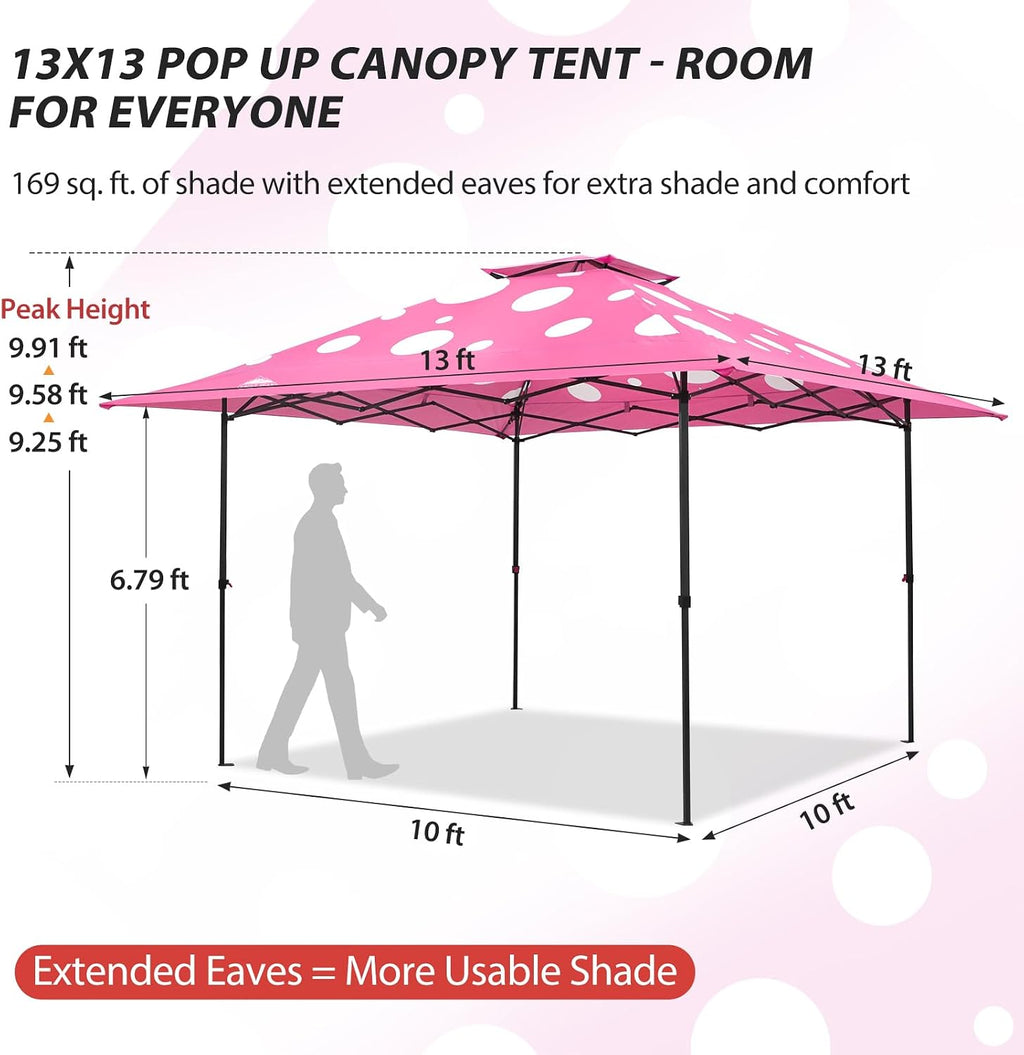 EAGLE PEAK 13x13 Straight Leg Pop Up Canopy Tent Instant Outdoor Canopy Easy Single Person Set up Folding Shelter w/Auto Extending Eaves 169 Square Feet of Shade (Pink Mushroom)