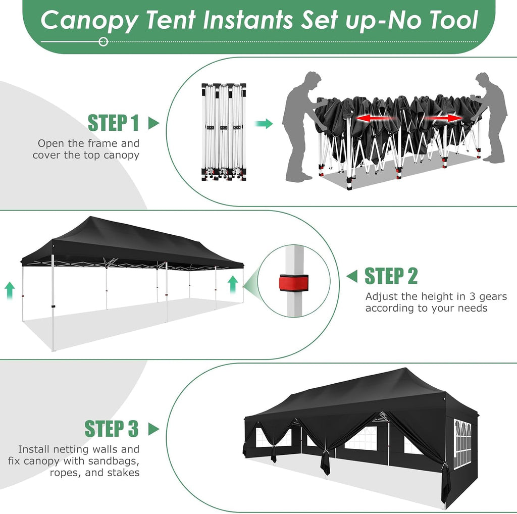 COBIZI Canopy Tent 10x30 Pop Up Canopy with 8 Removable Sidewalls Party Tents for Parties Wedding Patio Commercial Waterproof and UV50+ Ez Outdoor Instant Gazebo with Roller Bag & 4 Sandbags（Black）