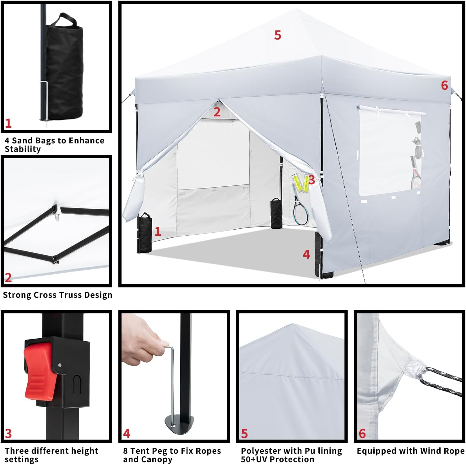 White 10x10 FT Pop Up Canopy Tent with Sidewalls, Heavy Duty Canopy for Outdoor, Commercial Instant Gazebos, for Party, Patio, by Kendane.