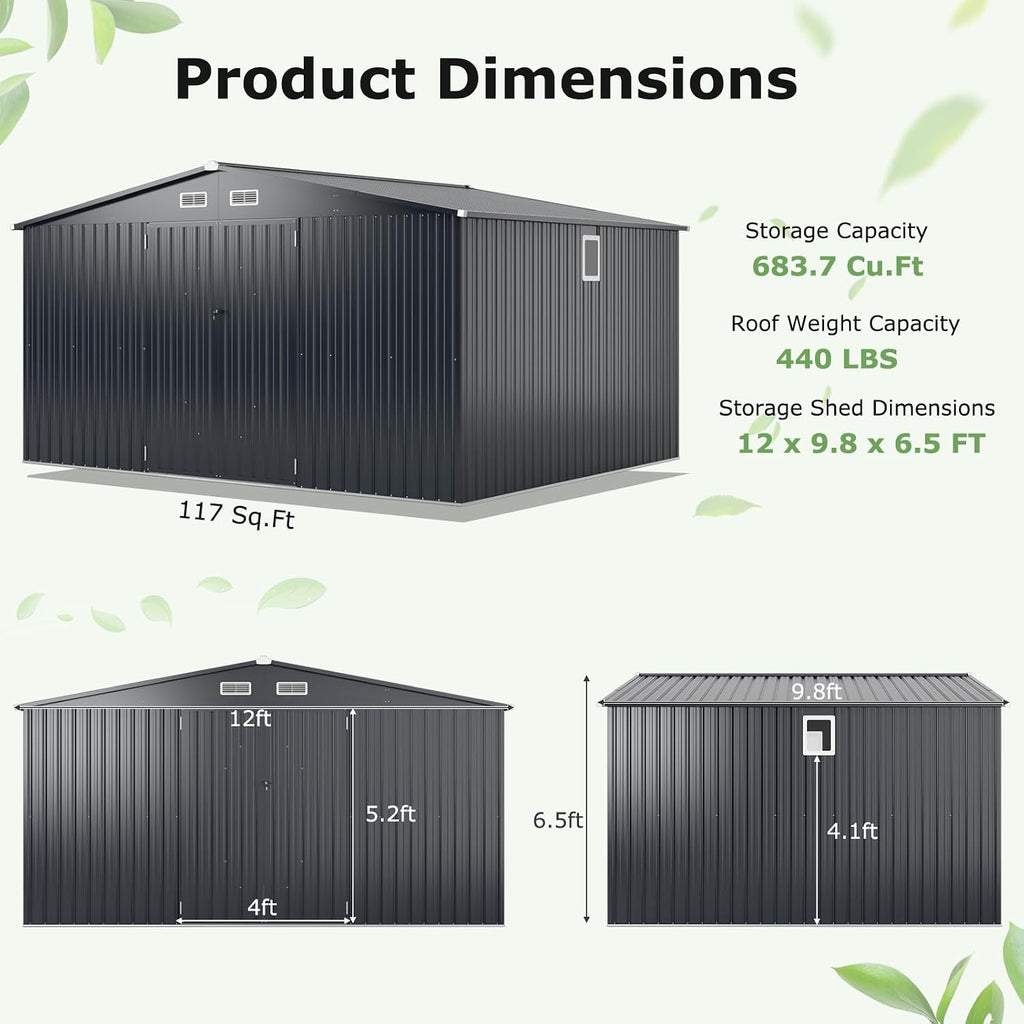 Goplus 12 x 9.8 FT Outdoor Storage Shed, All-Weather & Rustproof Galvanized Metal Utility Tool Shed w/Lockable Door, Pitched Roof, Windows, Backyard Lawn Garden Storage House for Bike Tool Lawnmower