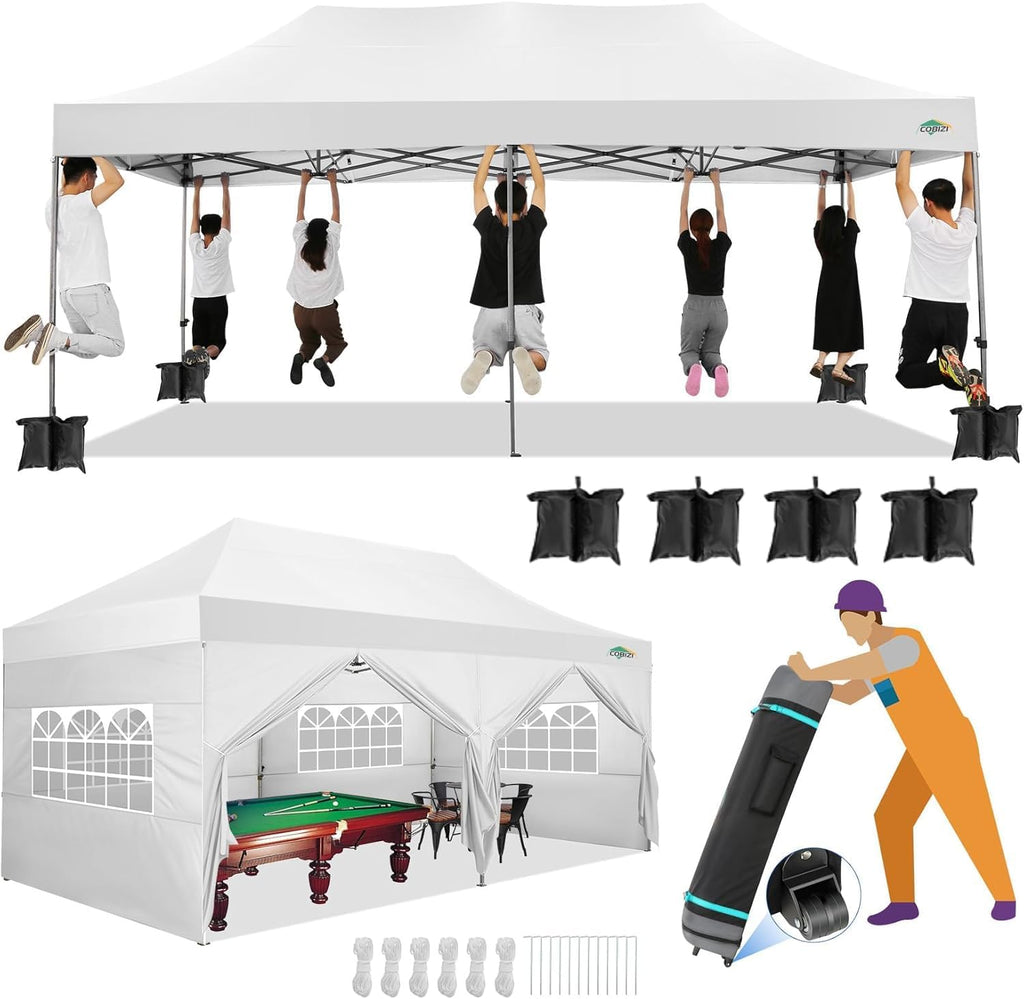 COBIZI 10x20 Canopy with Sidewalls, Heavy Duty Party Tent Pop up Canopy, Tents for Parties, Wedding, Outdoor Easy up Foldable Portable Canopy Tent with Wheeled Bag, White(Windproof Upgrade)