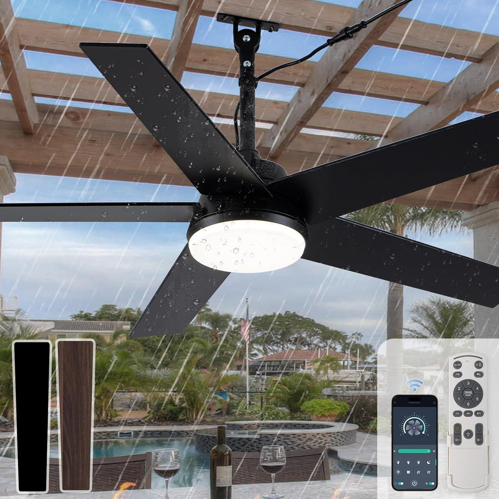 Bella Depot 48' Outdoor Ceiling Fan Black Waterproof Gazebo Fan with Light Smart App Remote Control Hanging Fan for Outside Patios Pergola Tent Plug-in Design Adjustable Brightness (48'- Black)