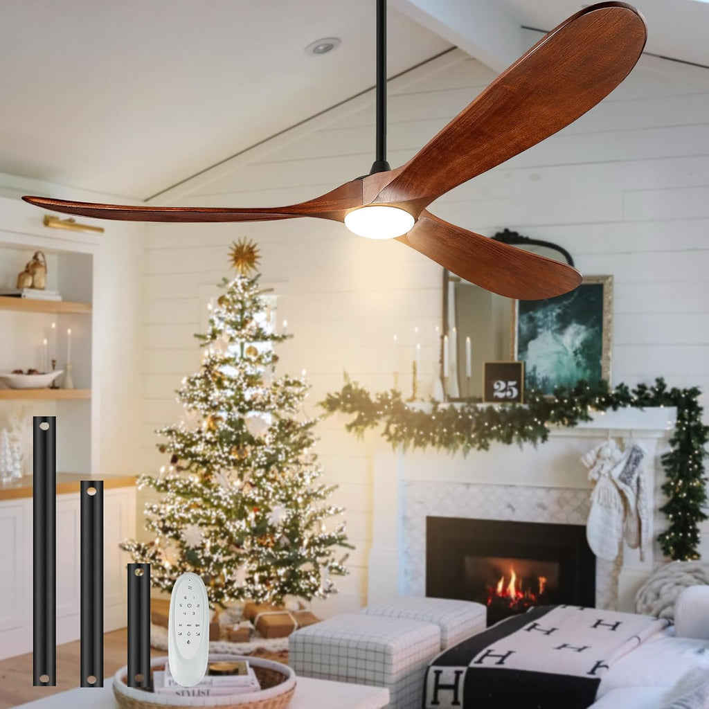 60' Outdoor Ceiling Fans with Lights and Remote Control, 3 Blade Ceiling Fan with Lights High CFM Quiet Wood Walnut Outdoor Fan, Propeller Ceiling Fan for Outdoor/Indoor/Patio,Deep Walnut