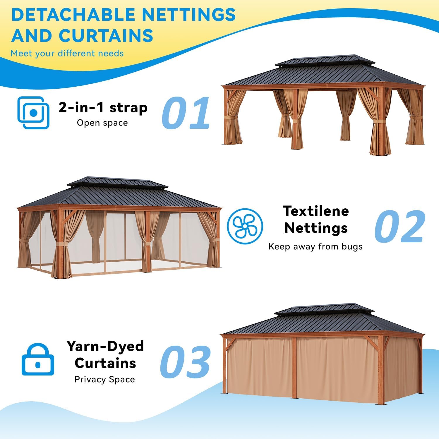 12' x 20' Hardtop Gazebo, Wooden Finish Aluminum Frame with Galvanized Steel Double Roof, Permanent Outdoor Metal Pavilion with Curtains and Netting, Ideal for Backyard, Patio, and Deck