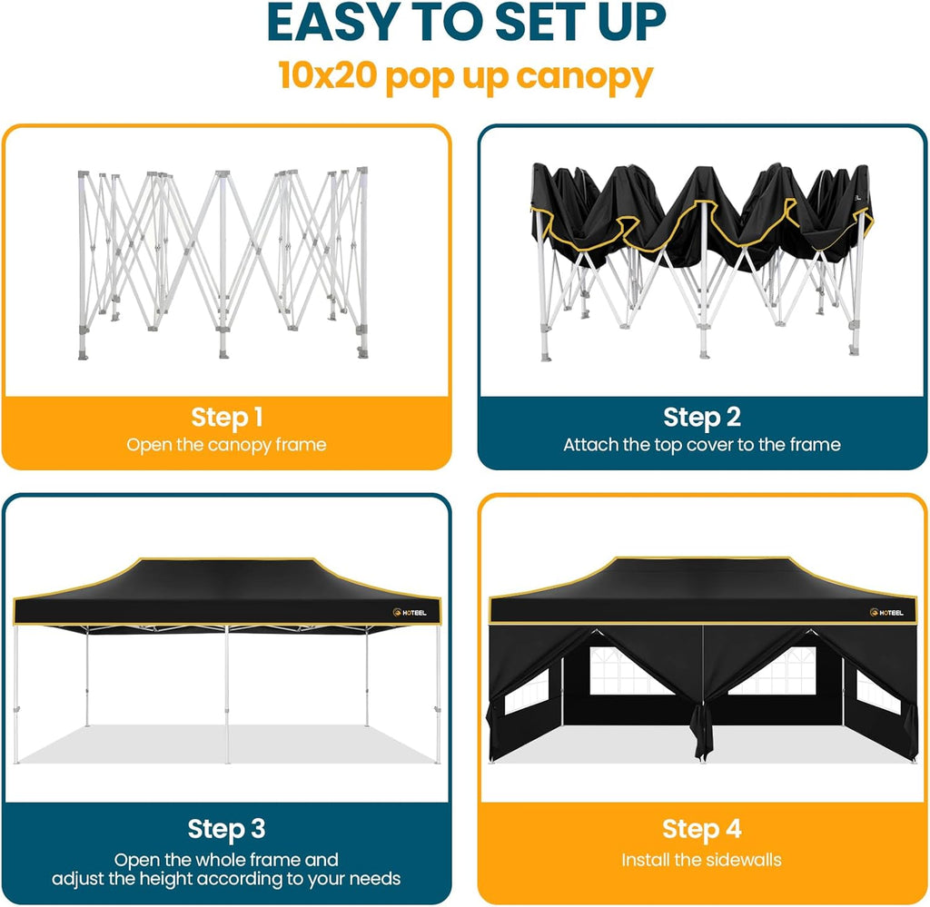 Hoteel 10x20 Pop Up Canopy Tent Heavy Duty with 6 Sidewalls, Waterproof Party Tent, Easy Set-up Commercial Instant Tents with Roller Bag & Sandbags, Hexagonal Leg (1-Year Warranty)