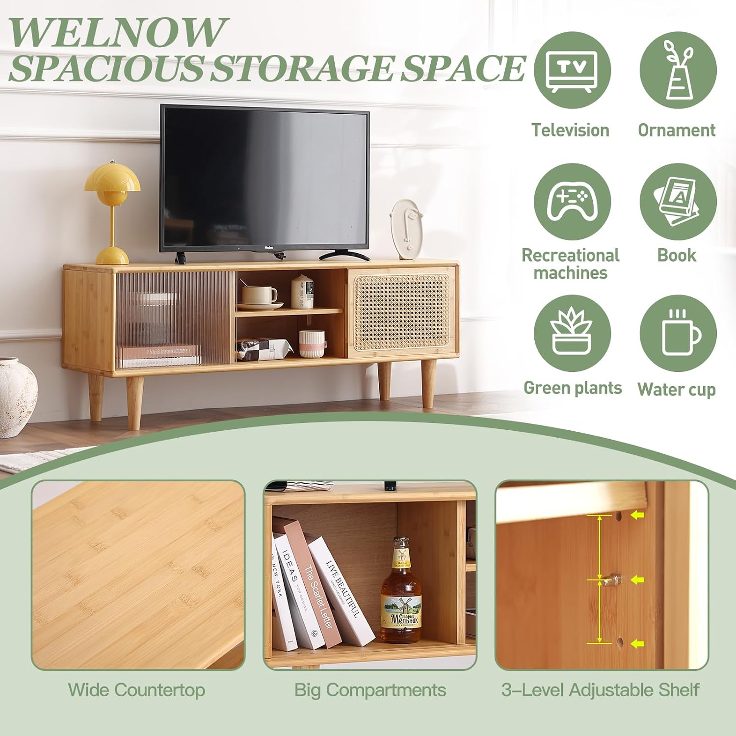 Welnow Rattan TV Stand for Up to 55 Inch, Mid Century Modern Bamboo Entertainment Center with 2 Cabinets & Adjustable Shelf, Storage Media Console Table for Living Room, Bedroom, Natural