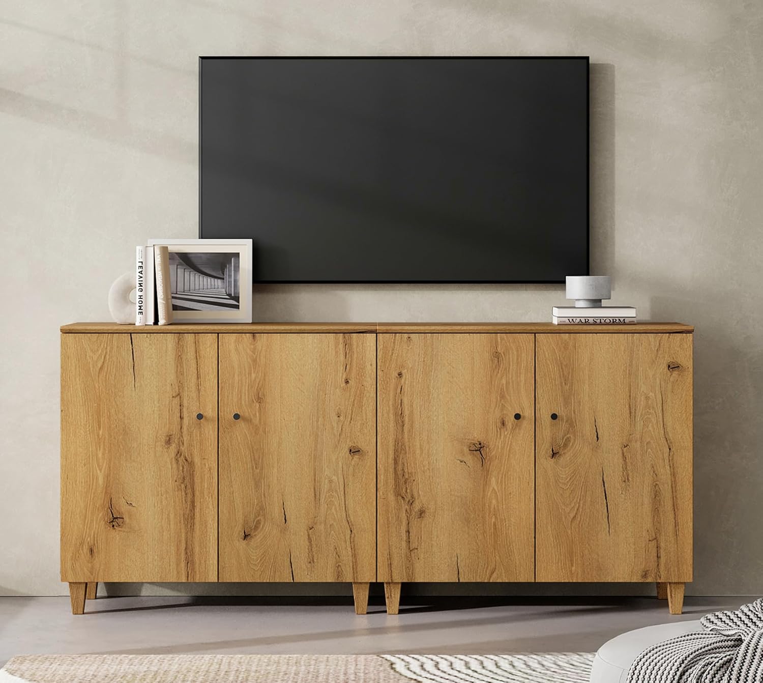 WAMPAT TV Stand Cabinets for TVs up to 75 Inches, 2-in-1 Wood Entertainment Center with Doors and 6 Compartments, 70.8' Modern Media Console Table with Storage for Living Room Bedroom, Oak Brown