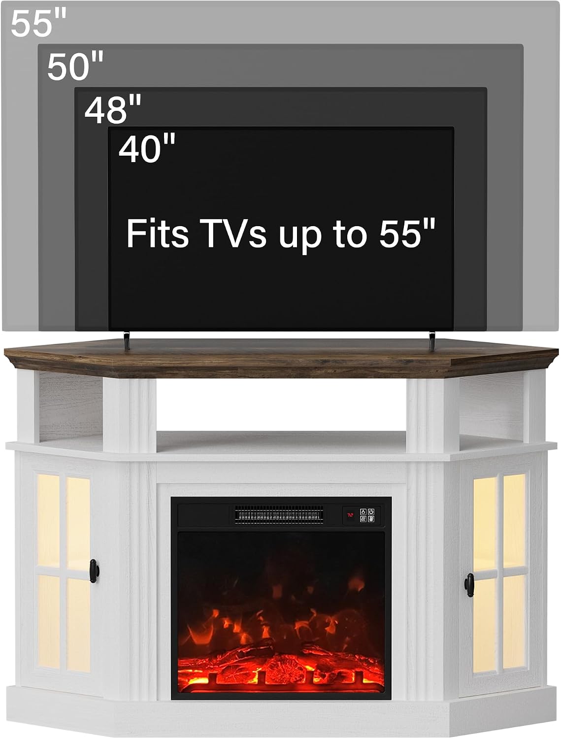YESHOMY LED Corner Fireplace TV Stand with Mood Lighting, for TVs up to 55' with Storage Cabinets, Entertainment Center, Media Console for Living Room, Bedroom, White＆Rustic