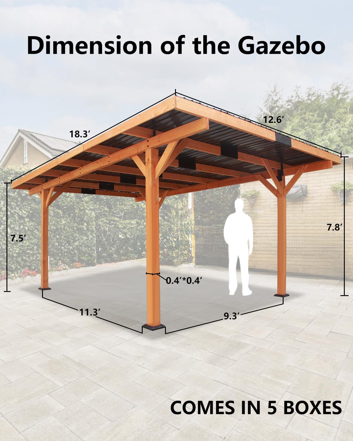 18.3 x 12.6 x 7.8 FT Carport, Wood Outdoor Gazebo Pavilion with Hardtop Sloped Steel Roof, Heavy Duty Waterproof Car Port for Backyard, Patio, Deck and Lawn