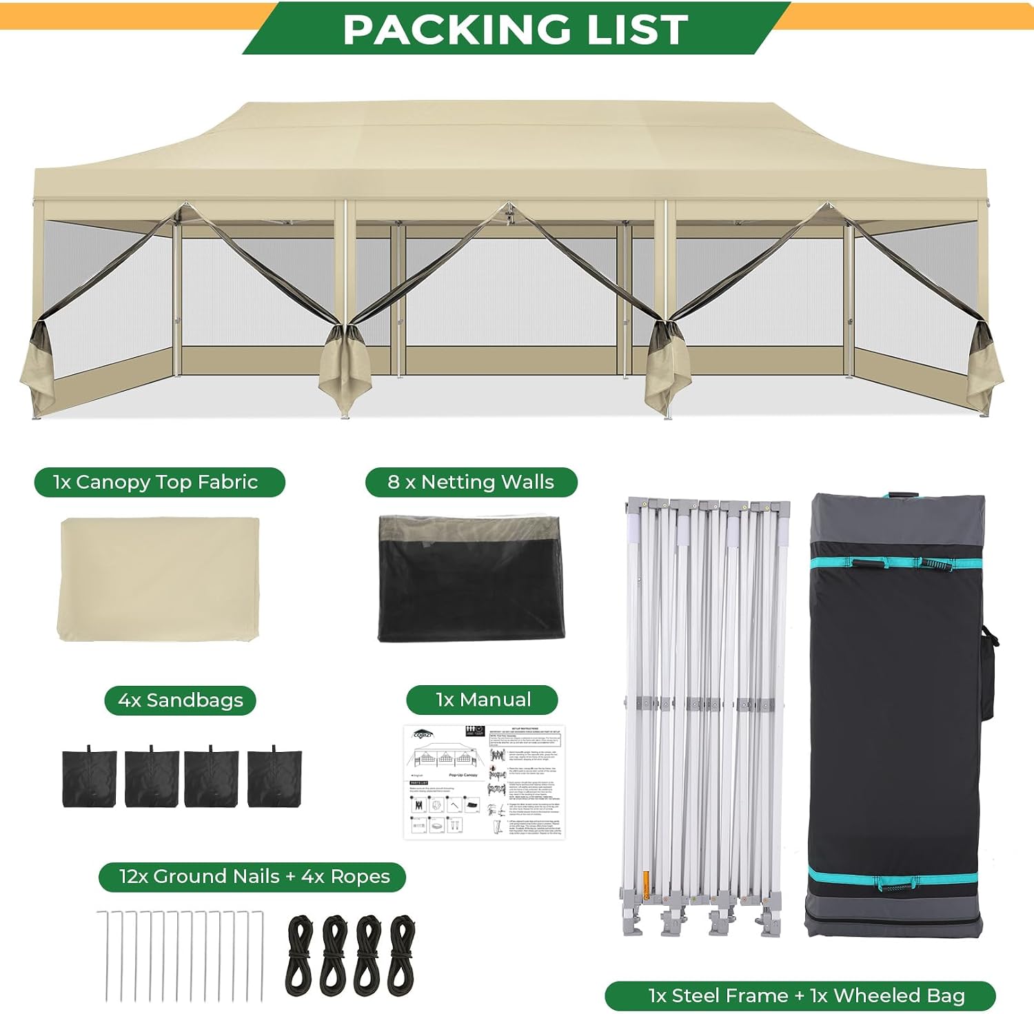 COBIZI 10x30 Heavy Duty Pop Up Canopy Tent with 8 Sidewalls, Easy Set Up Outdoor Waterproof Screen Commercial Party Tent with Mosquito Netting for Parties Backyard Patio, Roller Bag, Khaki