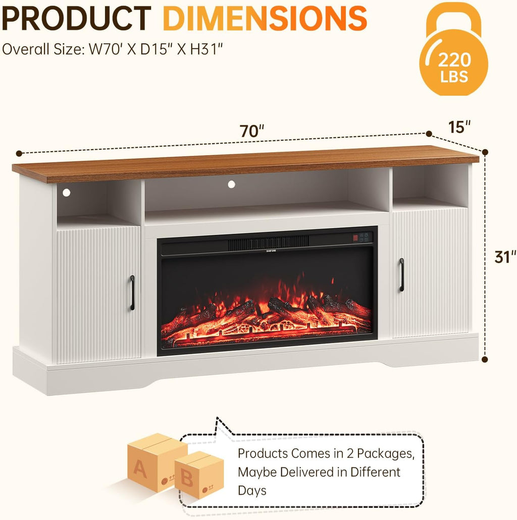 Farmhouse Fireplace TV Stand for up to 80 Inch TV, 70' Entertainment Center with Electric Fireplace & LED Strip, Fluted TV Consoles with Large Storage for Living Room (Fluted (White))