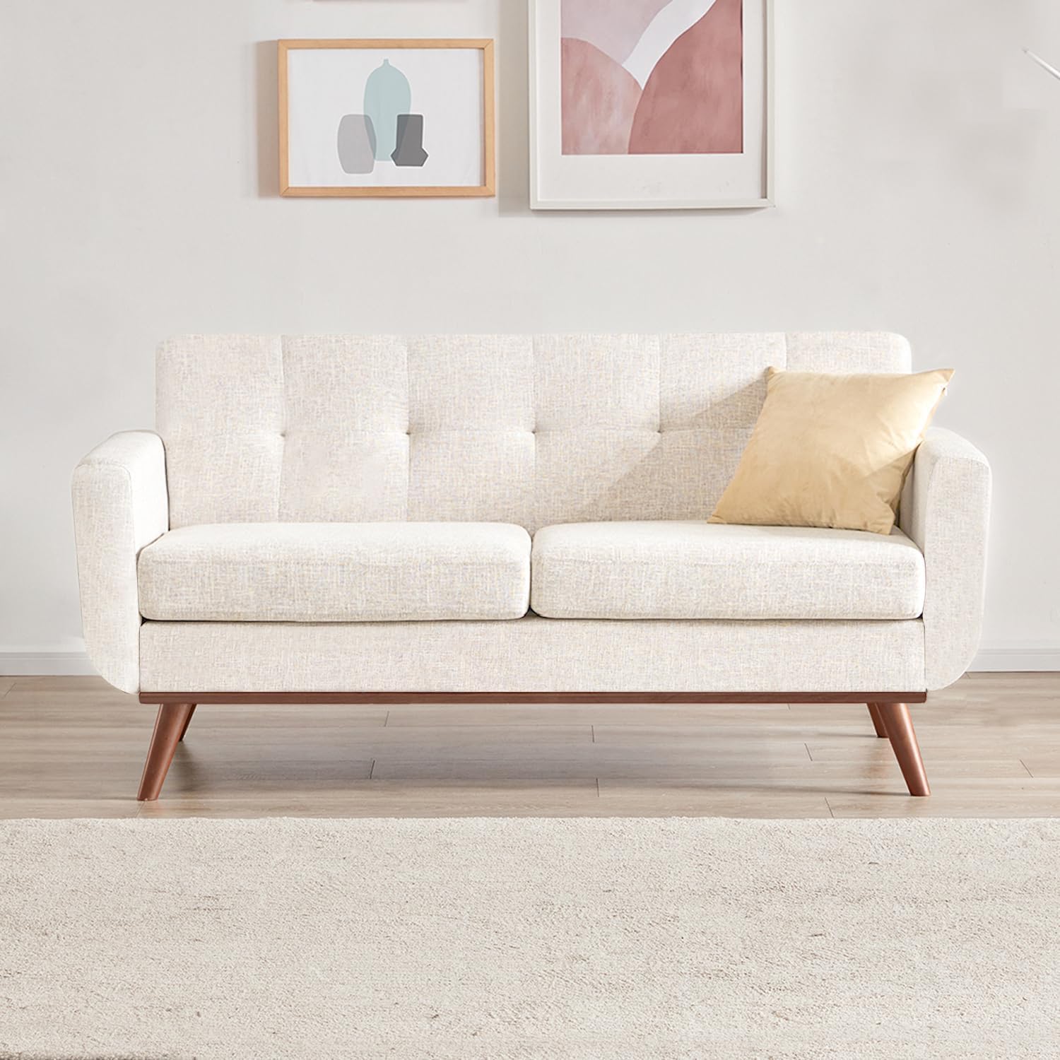 Tbfit Loveseat Sofa, Mid-Century Love Seat Couches, Boucle Small Sofa for Living Room, Bedroom, Office, Button Tufted Upholstered Furniture, Beige