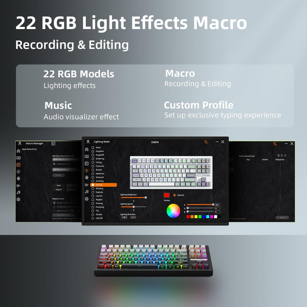 ZORNHER ZH870 Wireless Mechanical Gaming Keyboard,80% Black Custom Creamy Sound Keyboard with Shine Through PBT Keycaps,Pre-lubed Linear Switches,Hot-Swappable,RGB Backlit,2.4GHz/USB-C/BT5.0