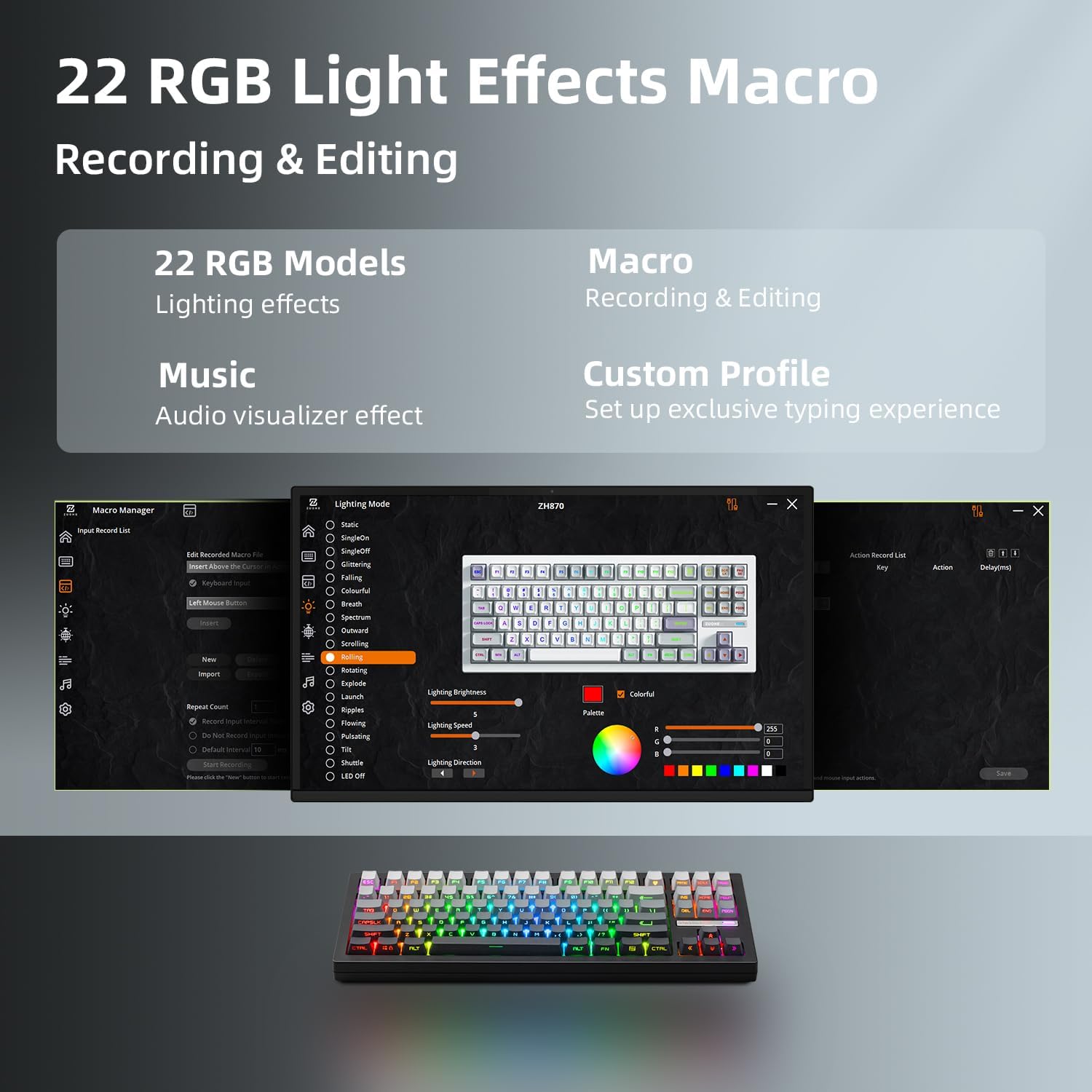 ZORNHER ZH870 Wireless Mechanical Gaming Keyboard,80% Black Custom Creamy Sound Keyboard with Shine Through PBT Keycaps,Pre-lubed Linear Switches,Hot-Swappable,RGB Backlit,2.4GHz/USB-C/BT5.0