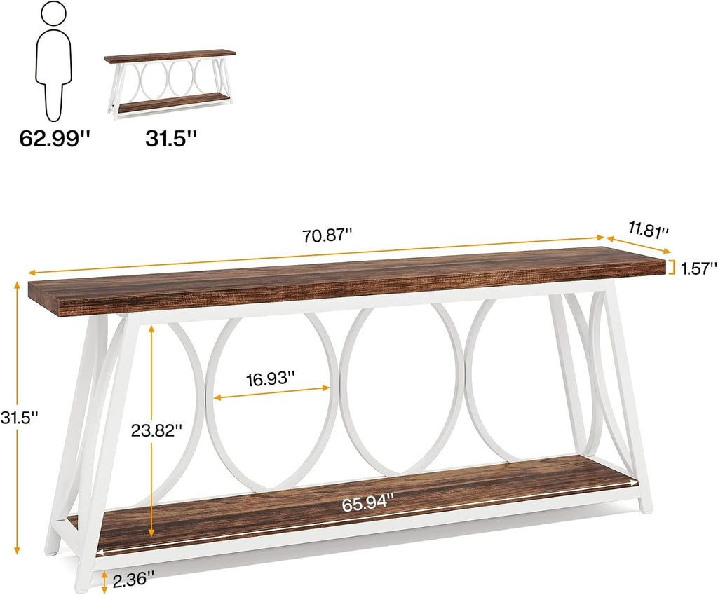 Tribesigns 70.9 inch Extra Long Console Table, Industrial Sofa Table Behind Couch with 2 Tier Storage Shelf, Narrow Entryway Hallway Accent Table for Living Room, White & Brown