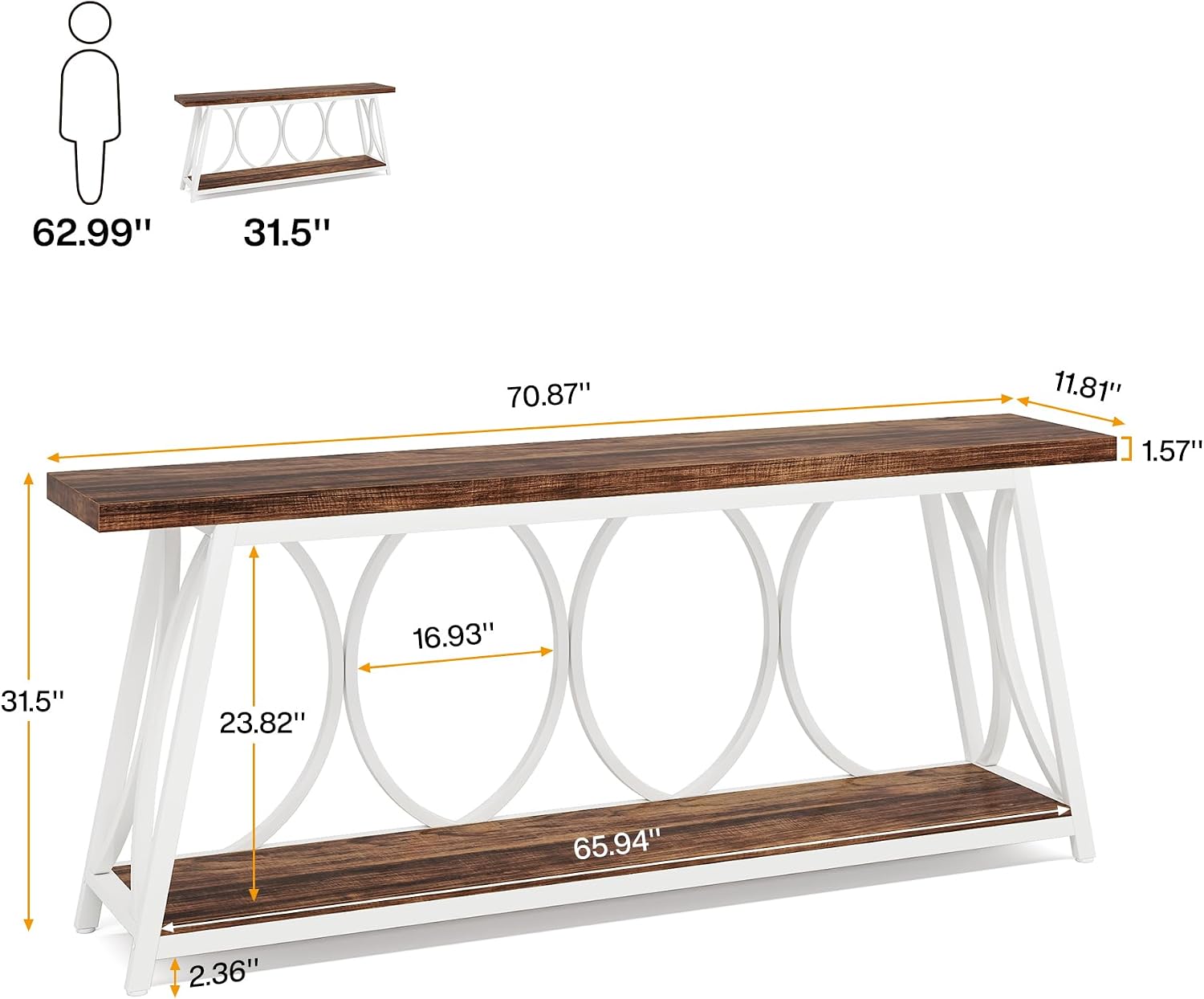 Tribesigns 70.9 inch Extra Long Console Table, Industrial Sofa Table Behind Couch with 2 Tier Storage Shelf, Narrow Entryway Hallway Accent Table for Living Room, White & Brown