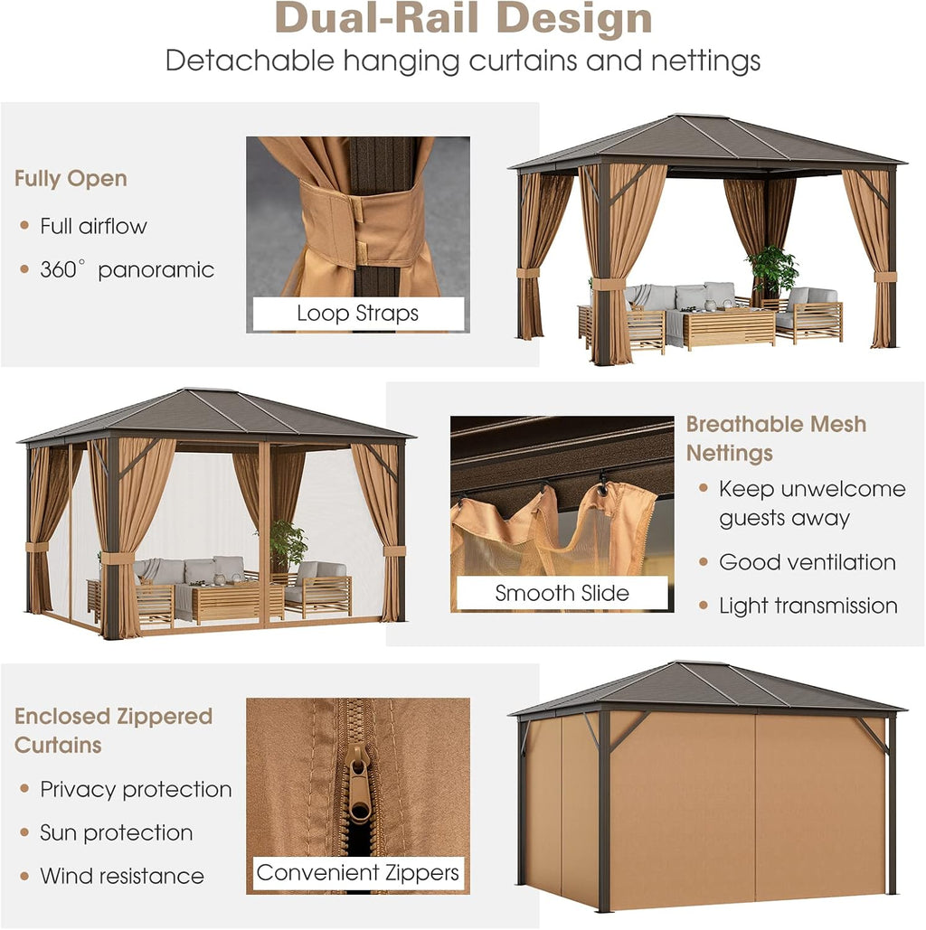 Tangkula 12x10 Ft Hardtop Gazebo, Double-Top Outdoor Gazebo with Galvanized Steel Top, Aluminum Frame, Patio Permanent Gazebo Pavilion with Netting and Curtains for Garden, Lawn, Backyard