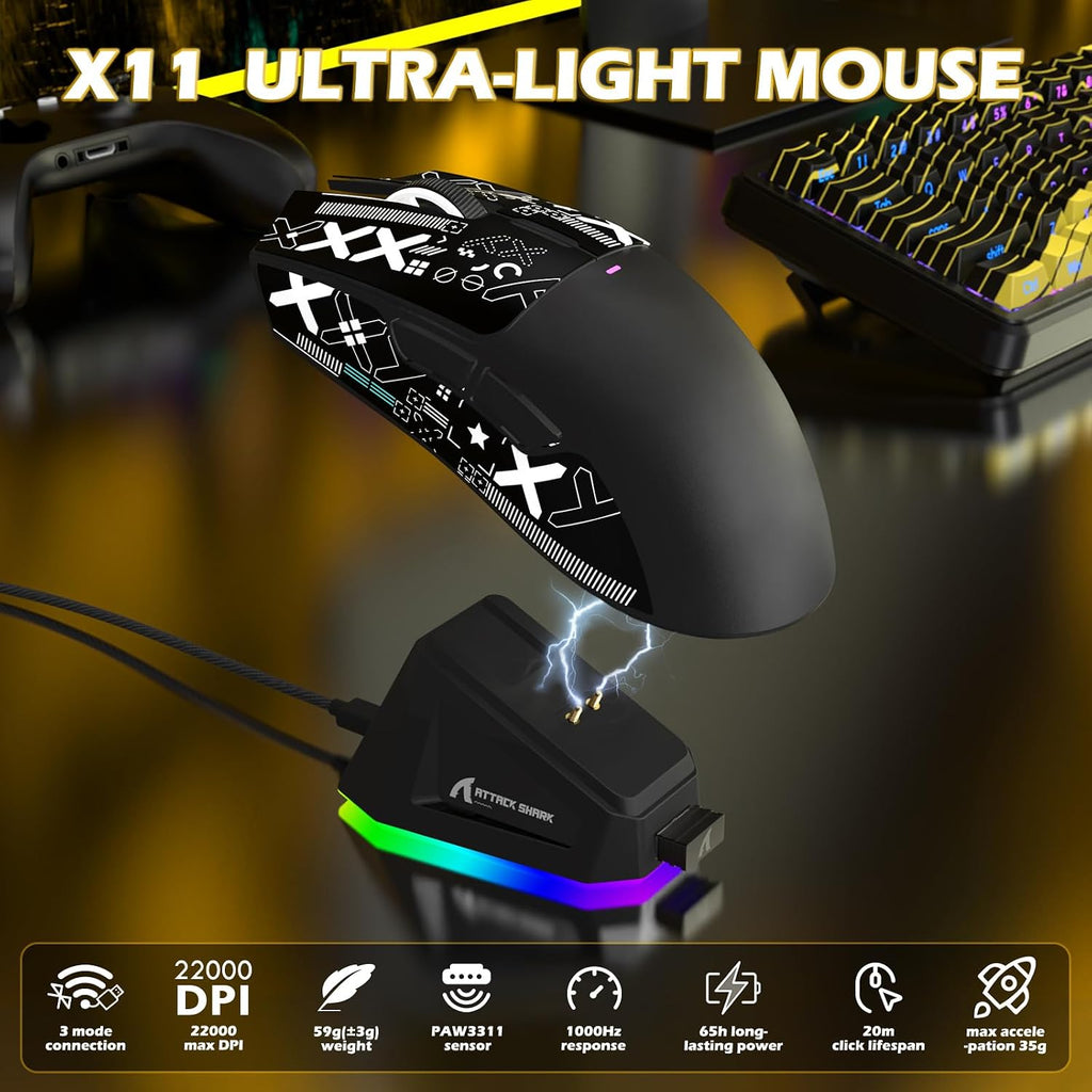ATTACK SHARK X11 & X65 PRO HE Rapid Trigger Hall Effect Keyboard,60% Magnetic Keyboard 8K Polling Rate RGB Hot Swap,Wireless Gaming Mice with Charging Dock 22K DPI,BT/2.4Ghz/Wired,Coiled Cable-Black