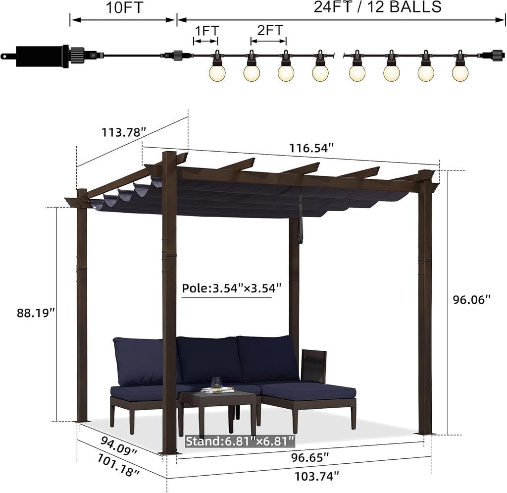 PURPLE LEAF 10' x 10' Retractable Pergola Outdoor Aluminum White Pergola with Sun Shade Canopy Patio Modern Bronze Shelter for Garden Yard Deck Grape, Navy Blue