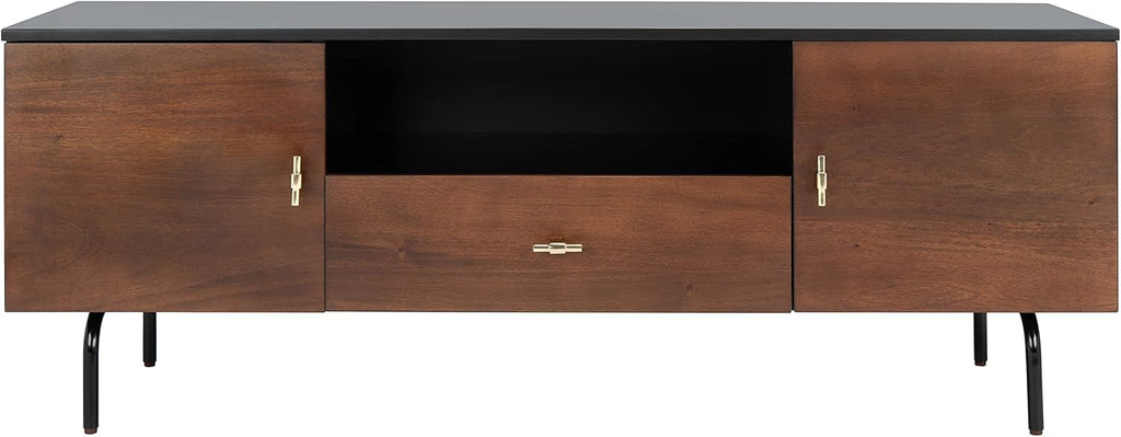 SAFAVIEH Genevieve TV Stand for up to 65' Flatscreen – Black & Walnut Brown Finish, Mid-Century Modern Storage Cabinet, Entertainment Media Console (MED5000F)