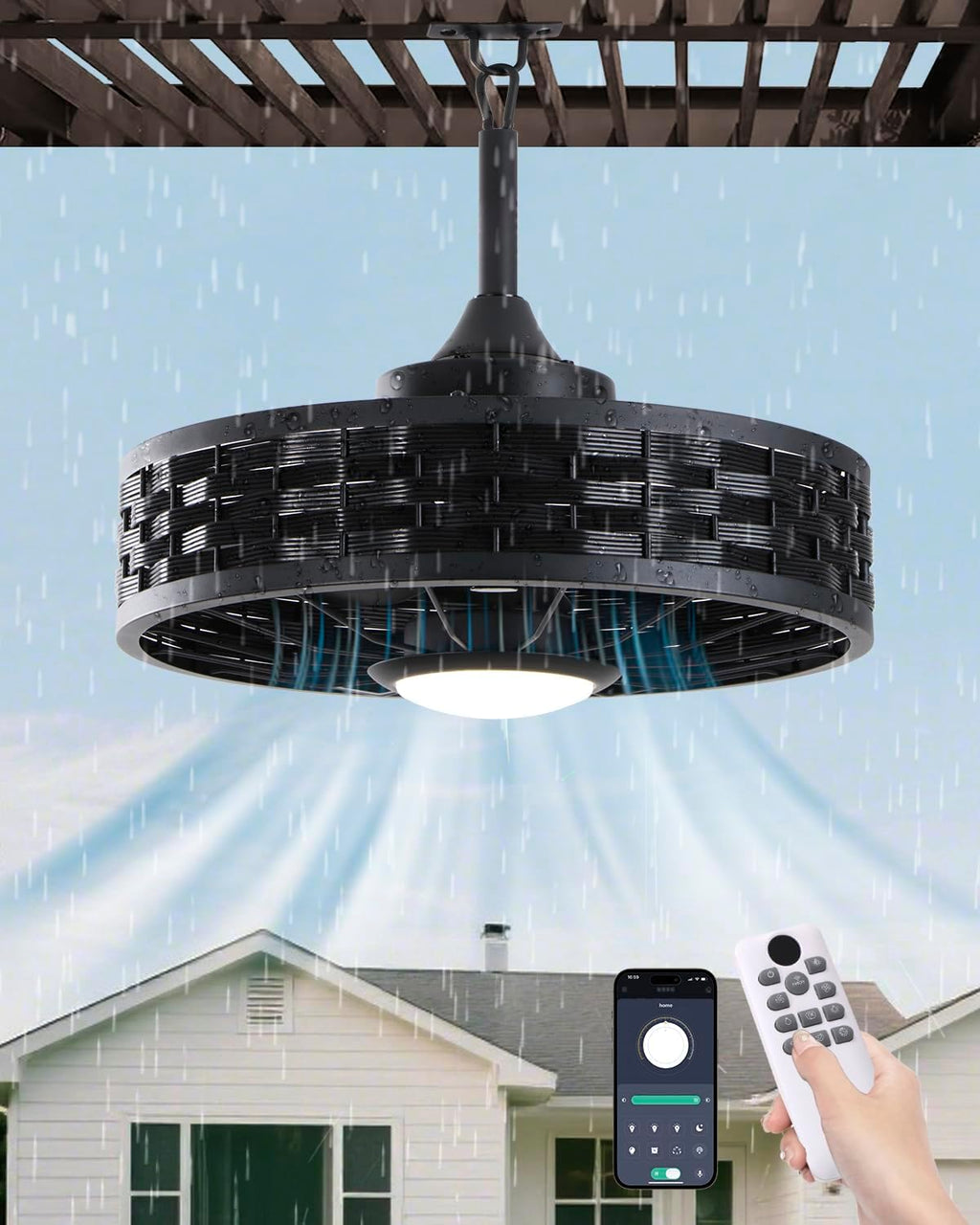 Outdoor Ceiling Fans with Light for Patios, 20' Weatherproof Gazebo Fan with Hanging Hook, Remote Control & APP, 6 Speeds, 3CCT, Caged Plug in Ceiling Fan for Patio