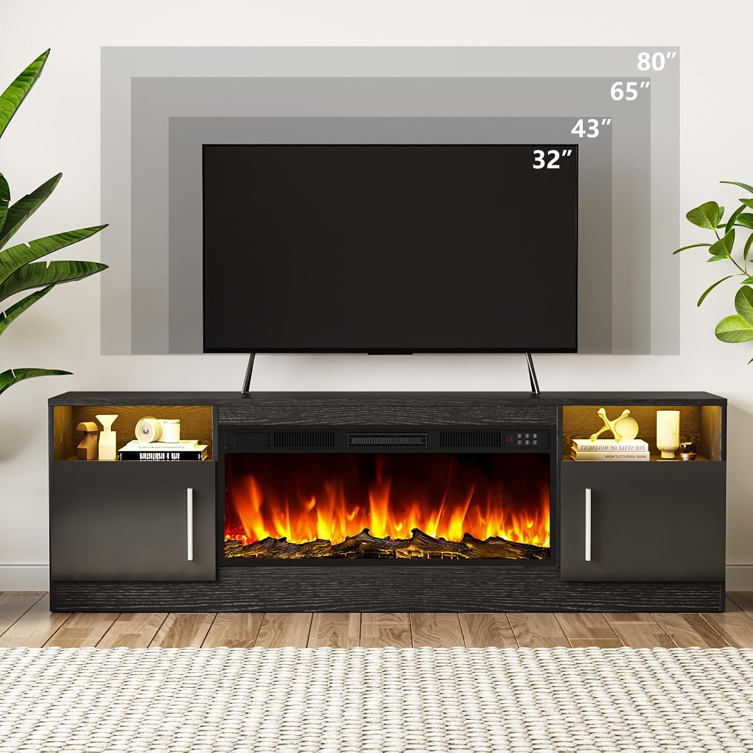 Tavata Fireplace TV Stand Entertainment Center with 36' Fireplace, 70' Wooden TV Stand for TVs Up to 80', Media TV Console with High Gloss Storage Cabinet and 16 Colors LED Lights (Black)