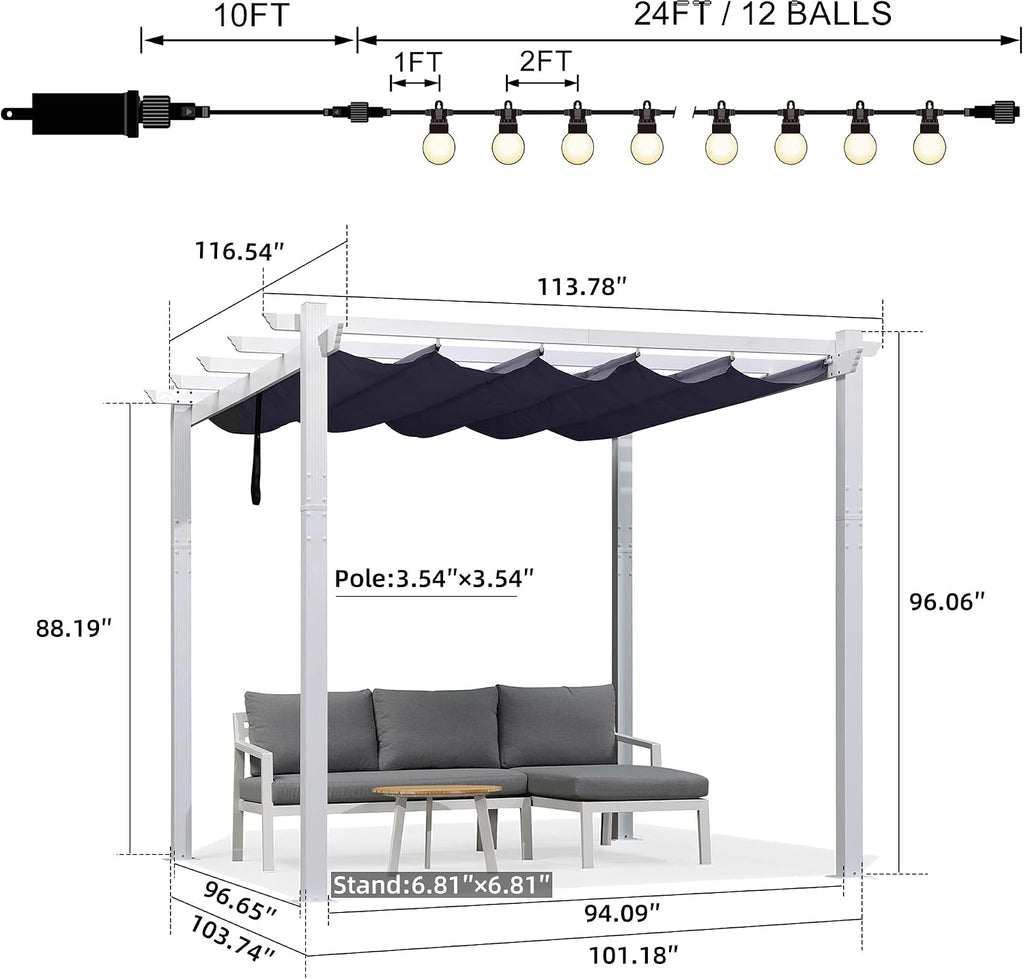 PURPLE LEAF Pergola Retractable Canopy White Patio Metal 10'X 10' Pergola for Backyard Deck Garden, Navy Blue