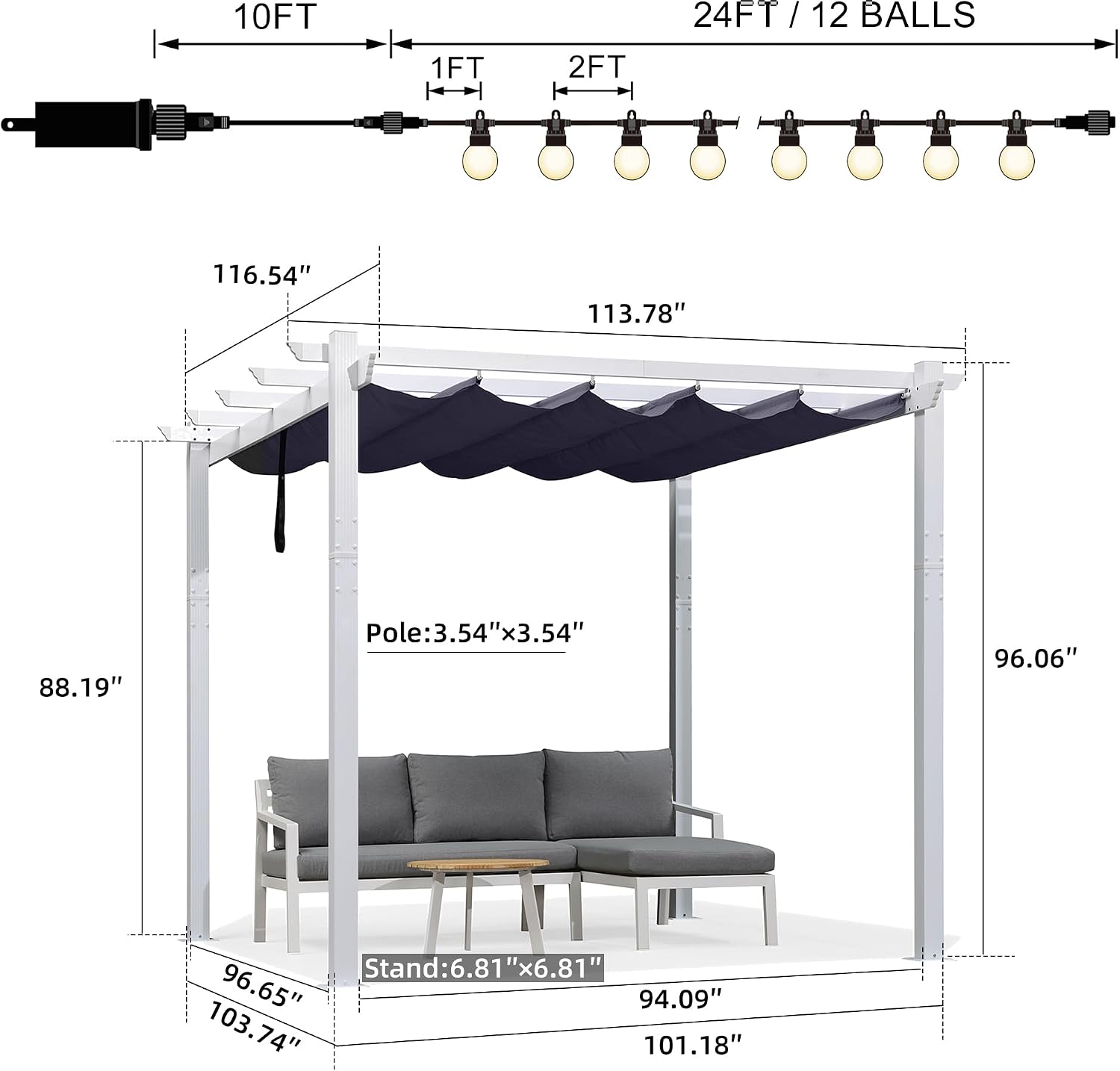 PURPLE LEAF Pergola Retractable Canopy White Patio Metal 10'X 10' Pergola for Backyard Deck Garden, Navy Blue