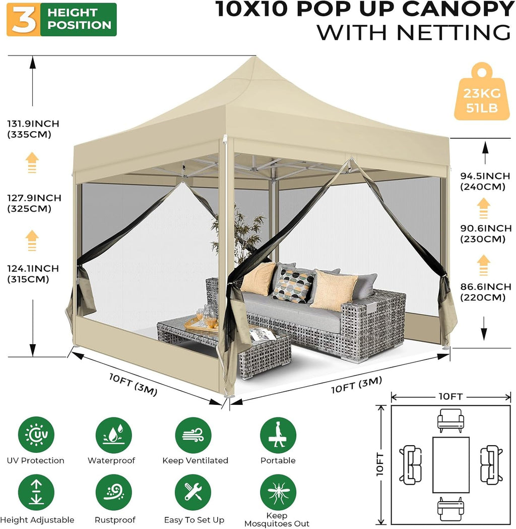 COBIZI 10x10 Heavy Duty Pop Up Canopy Tent with 4 Sidewalls, Easy Set Up Outdoor Waterproof Screen Commercial Party Tent with Mosquito Netting for Parties Backyard Patio, Carry Bag, Khaki