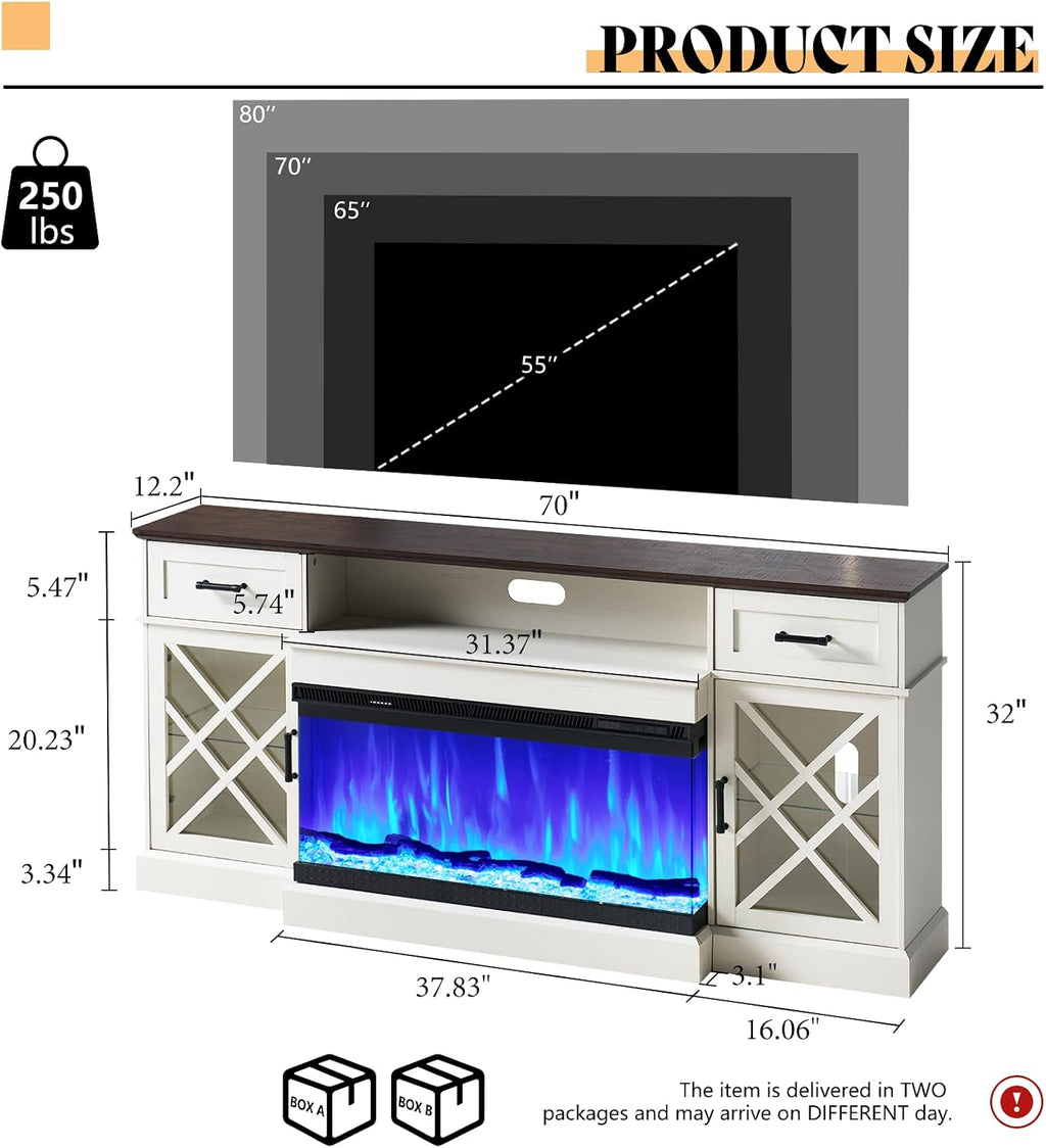 AMERLIFE Farmhouse LED Fireplace TV Stand with 3-Sided Glass Fireplace, 70' Large Entertainment Center for TVs up to 80', Rustic TV Console with Glass Door Storage for Living Room, Barnwood+White